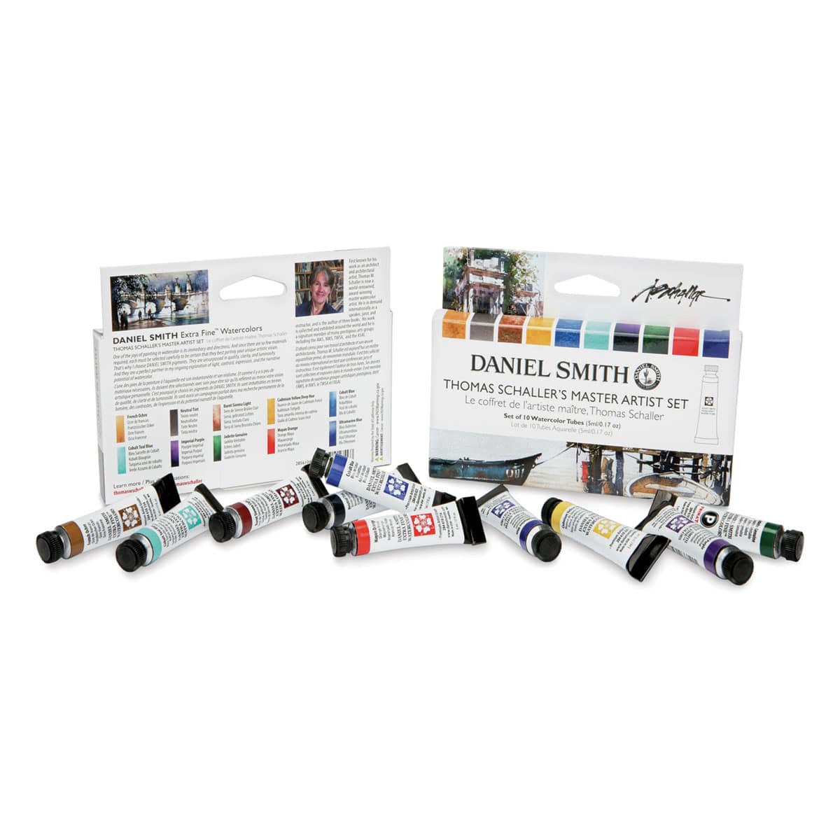 Daniel Smith Extra Fine Watercolor - Thomas Schaller Master Artist, Set of 10, 5 ml, Tubes (Tubes shown with front and back of packaging)