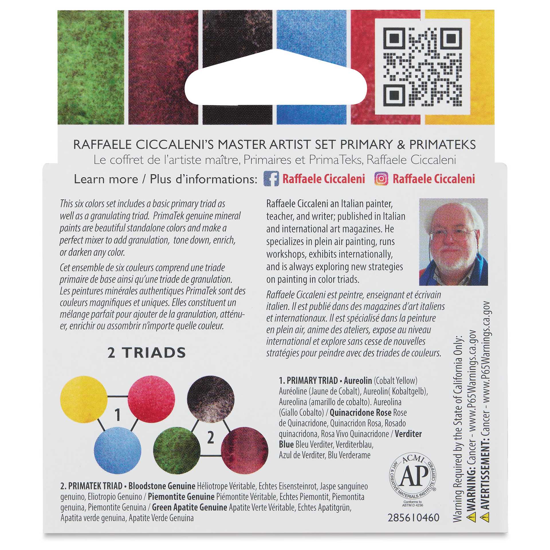 Daniel Smith Extra Fine Watercolor - Raffaele Ciccaleni's Master Artist Set II Primary and PrimaTek, Set of 6, 5 ml Tubes back of package