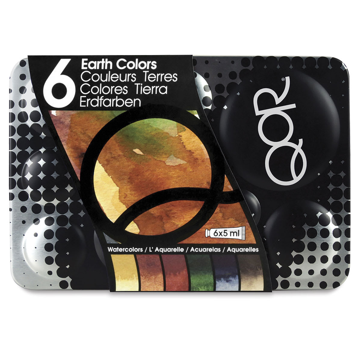 QoR Modern Watercolors - Earth Colors Set of 6. Front of closed tin.