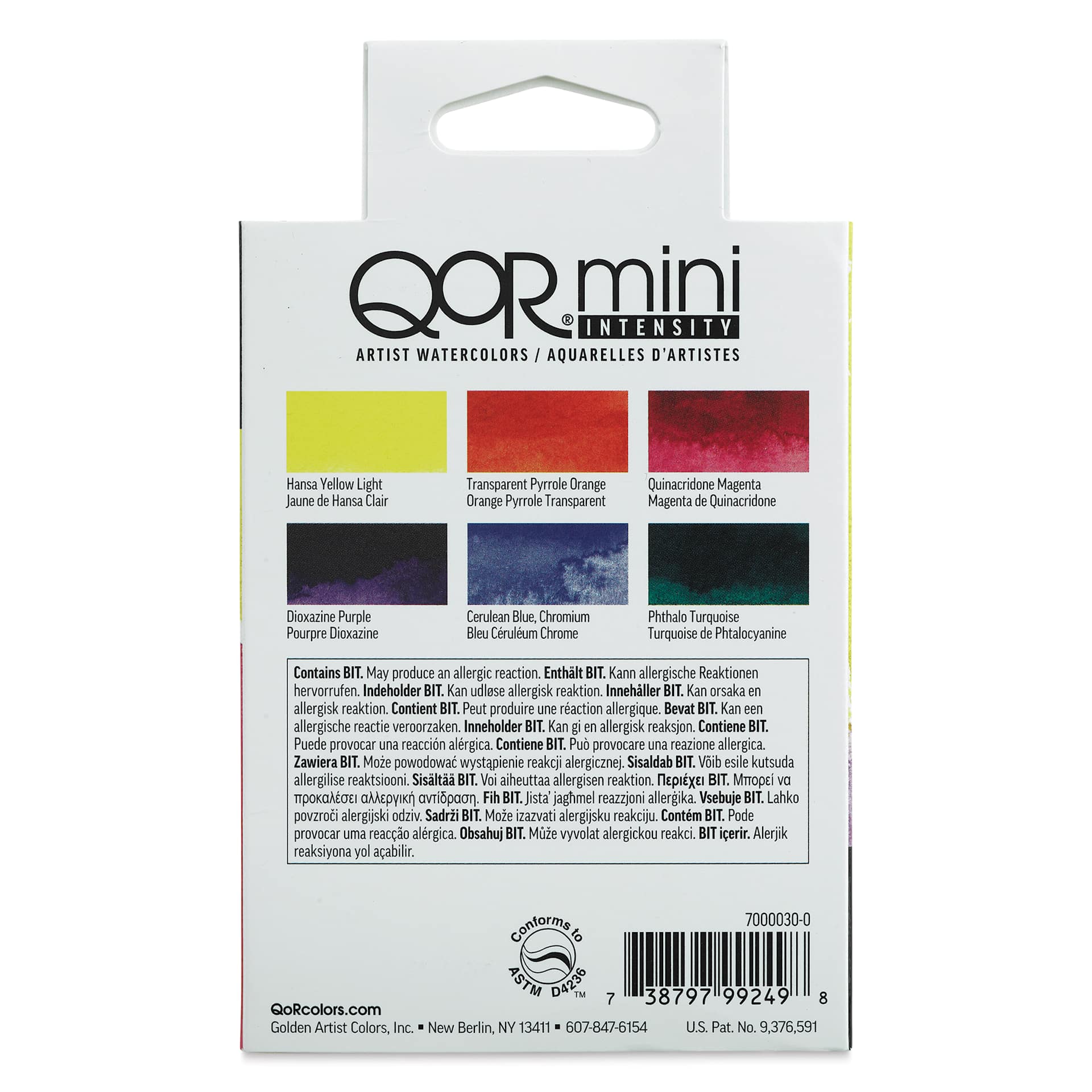 QoR Watercolor Set - Intensity, Set of 6 Half Pans (Back of package)