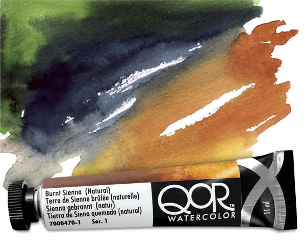 QoR Modern Watercolors - Burnt Sienna Natural tube beneath green, brown, black painted background.