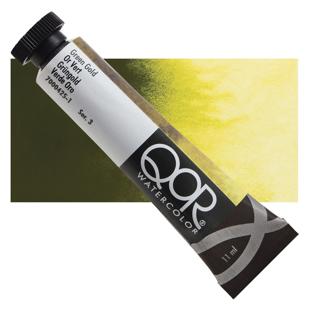 QoR Modern Watercolor - Green Gold, 11 ml tube and swatch
