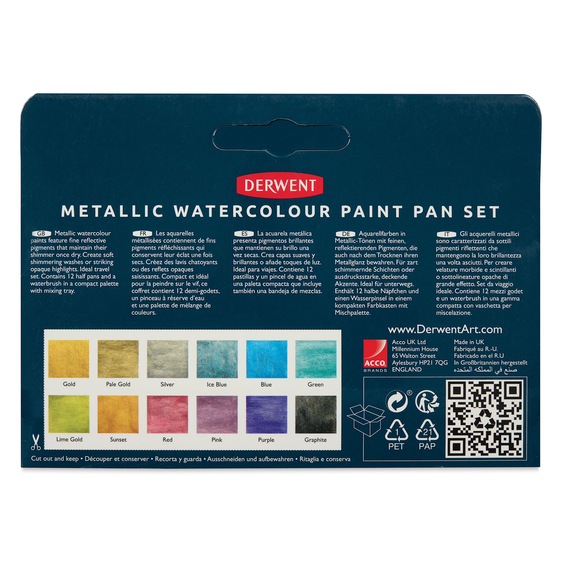 Derwent Metallic Watercolor Pans - Set of 12 back of package