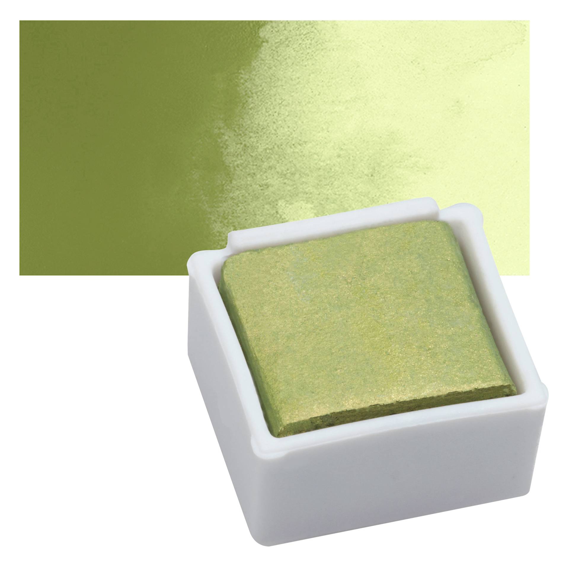 Derwent Watercolor Pan - Metallic Lime Gold pan and swatch
