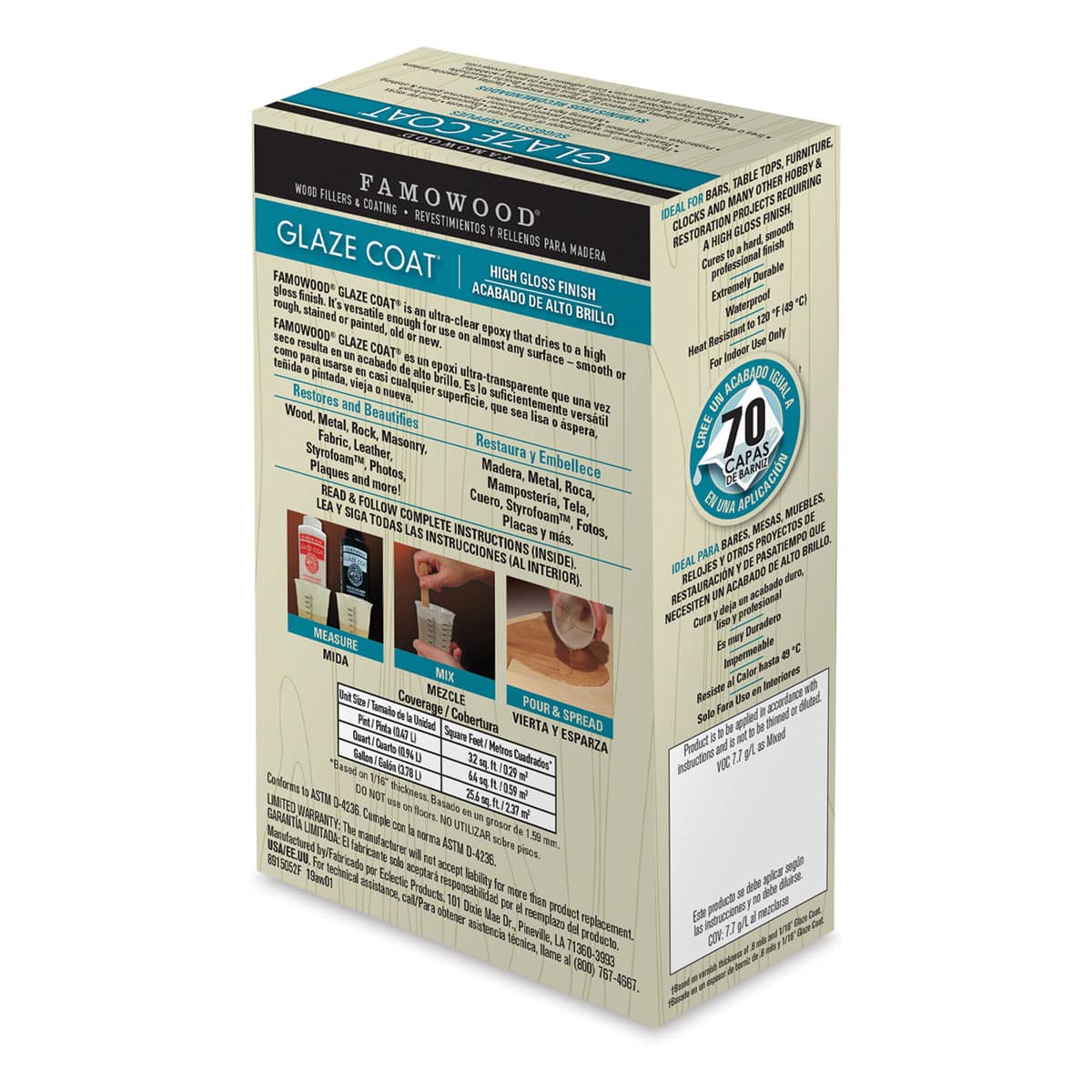 Famowood Glaze Coat - Clear Epoxy Kit, Pint (Back of packaging, Angled view)