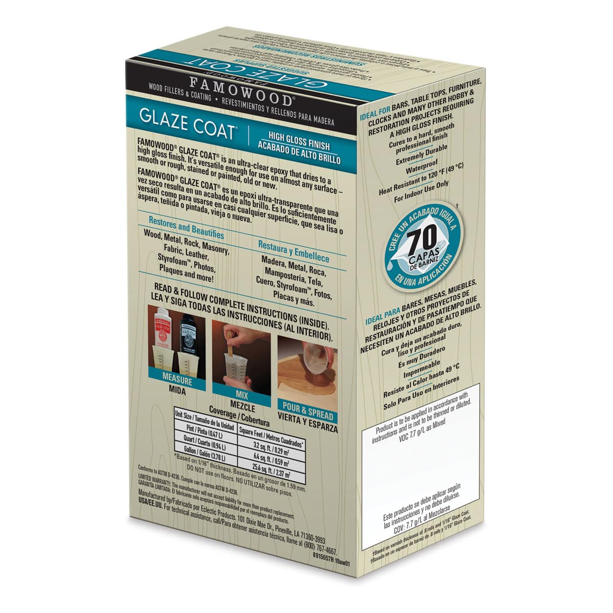 Famowood Glaze Coat - Clear Epoxy Kit, Quart (Back of packaging, Angled view)