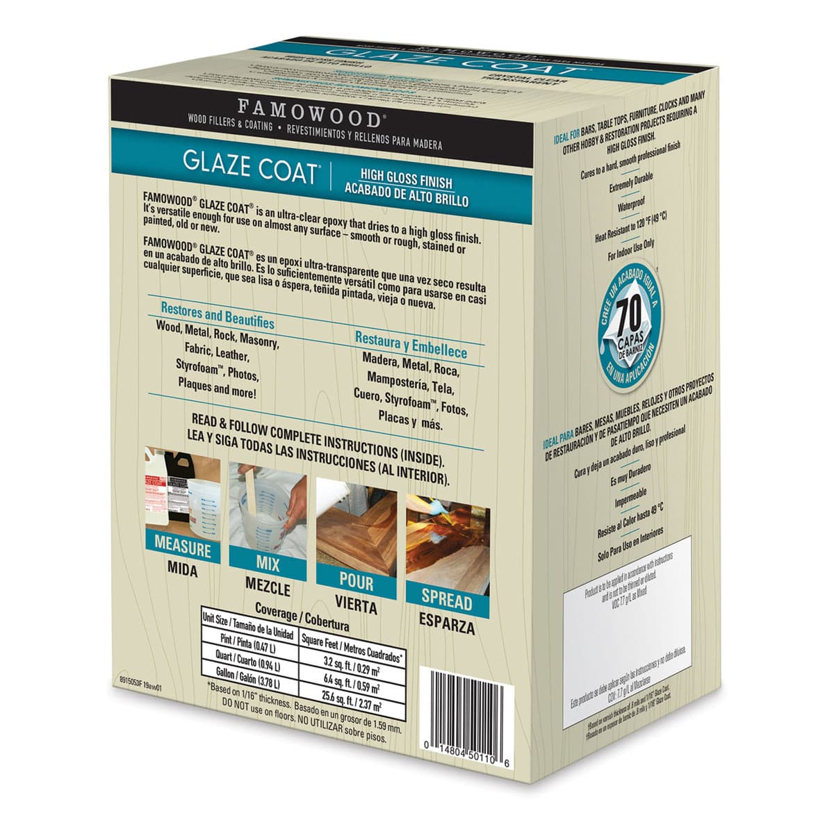 Famowood Glaze Coat - Clear Epoxy Kit, Gallon (Back of packaging, Angled view)