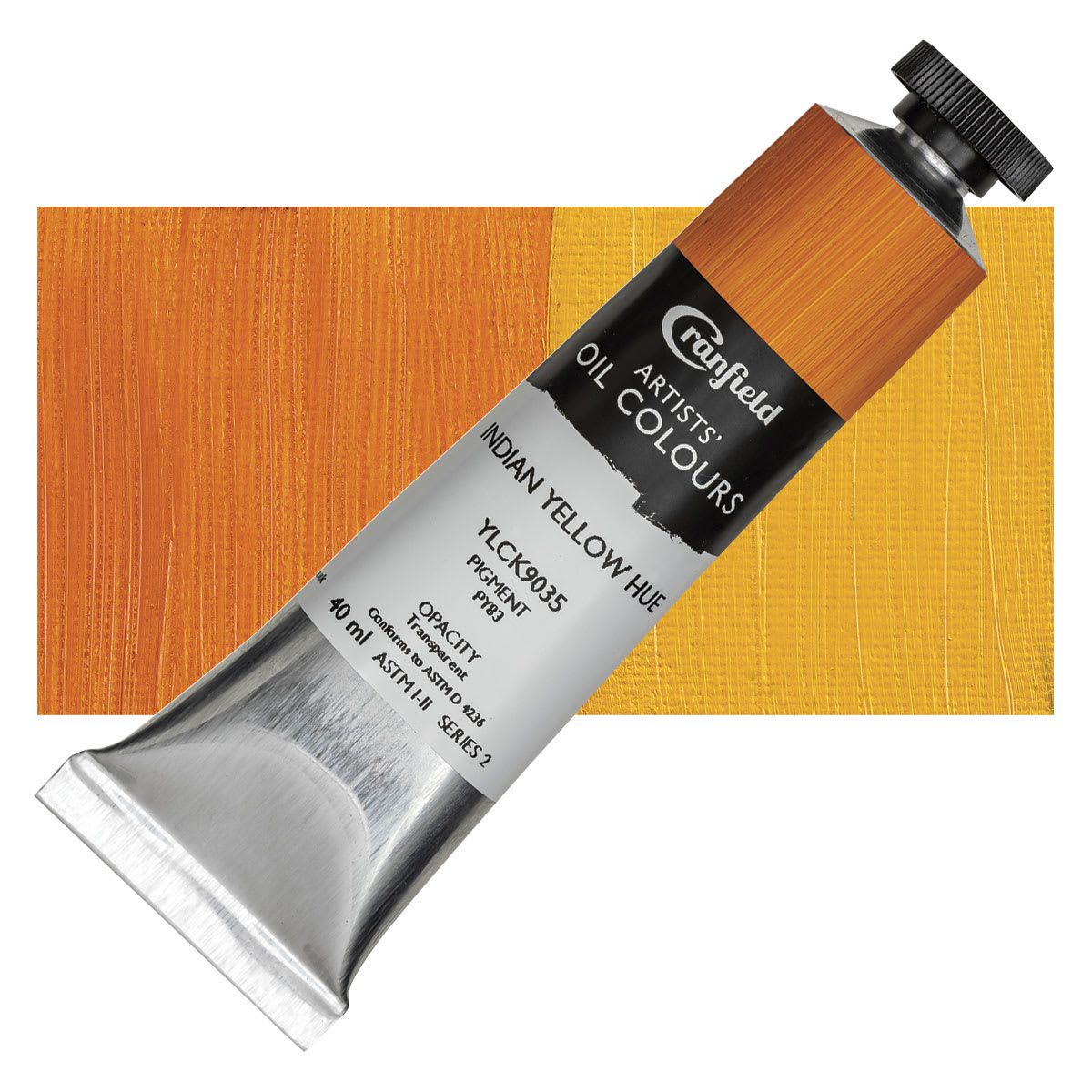Cranfield Artists' Oil Paint - Indian Yellow Hue, 40 ml, Tube and swatch
