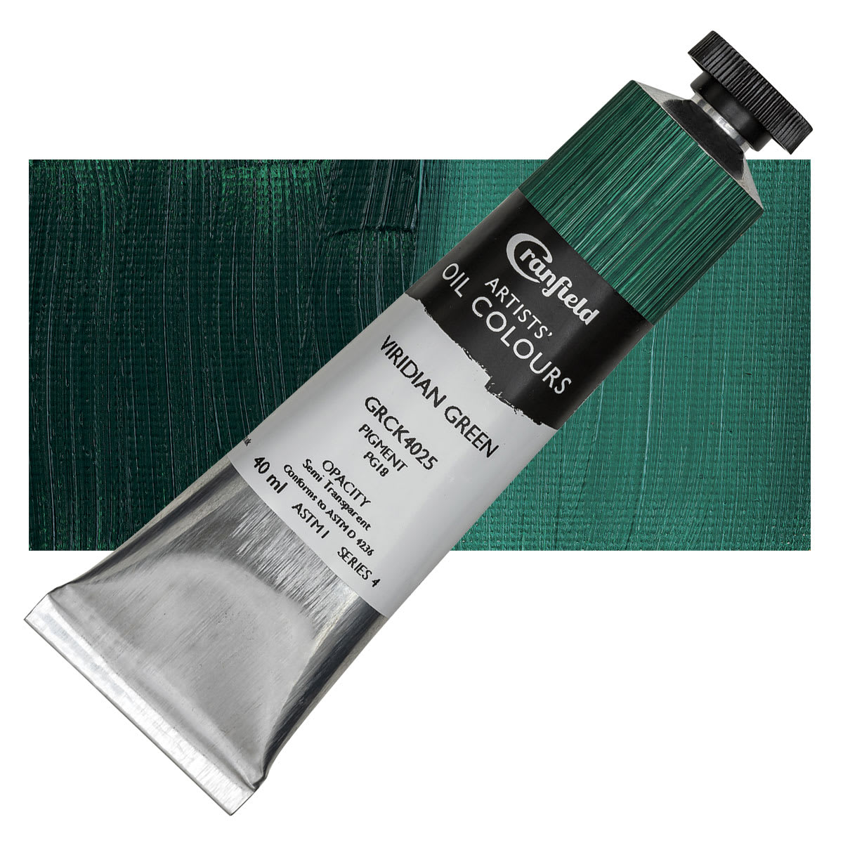 Cranfield Artists' Oil Paint - Viridian Green, 40 ml, Tube and swatch