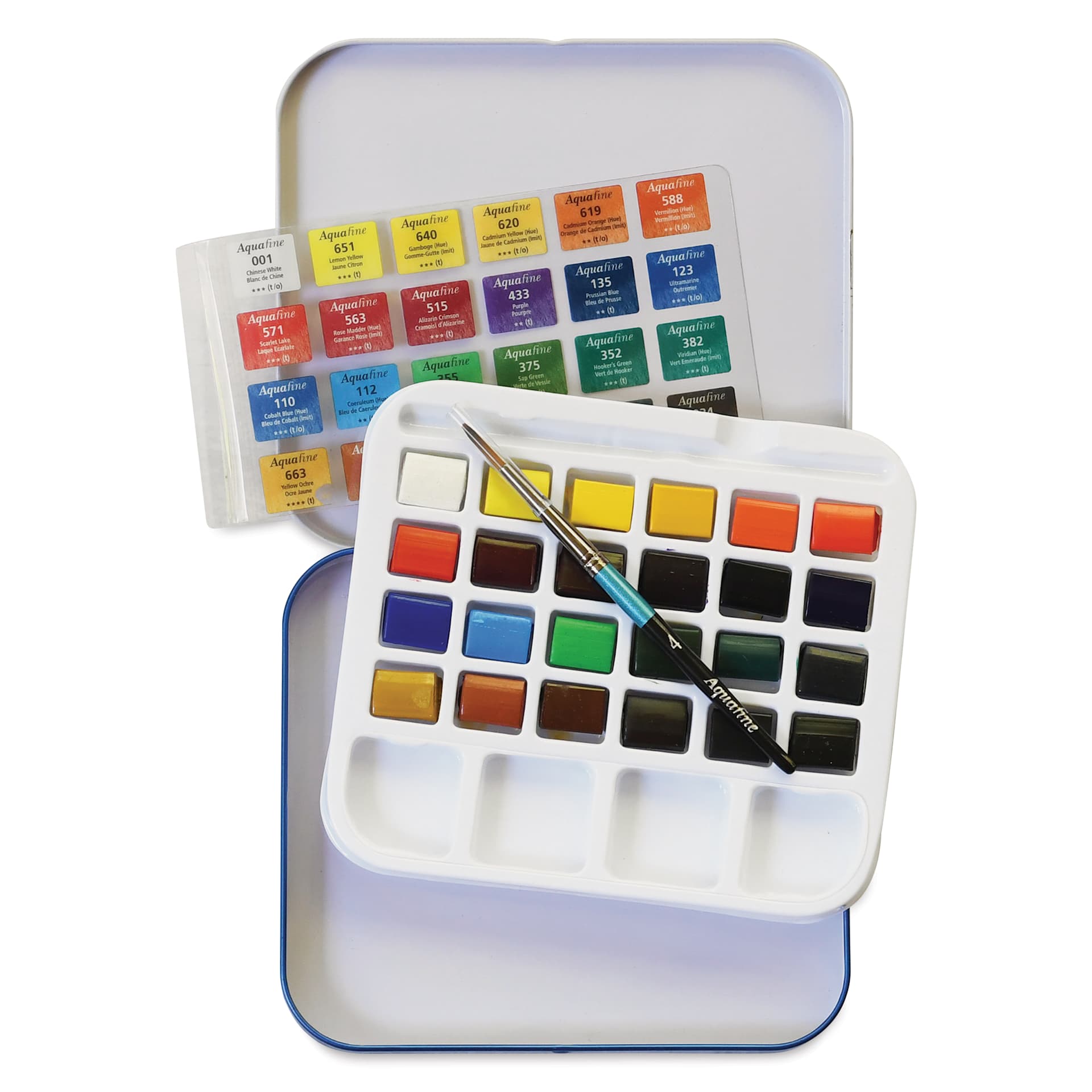 Daler-Rowney Aquafine Watercolors - Set of 24 Mini Travel, Assorted Colors, Half Pan set contents