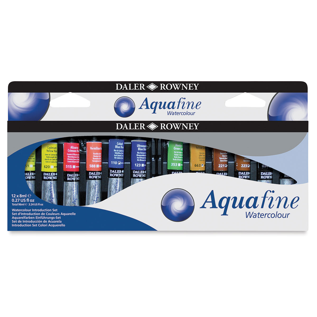 Daler-Rowney Aquafine Watercolors - Introduction Set of 12, 8 ml, Tubes (Front of packaging)