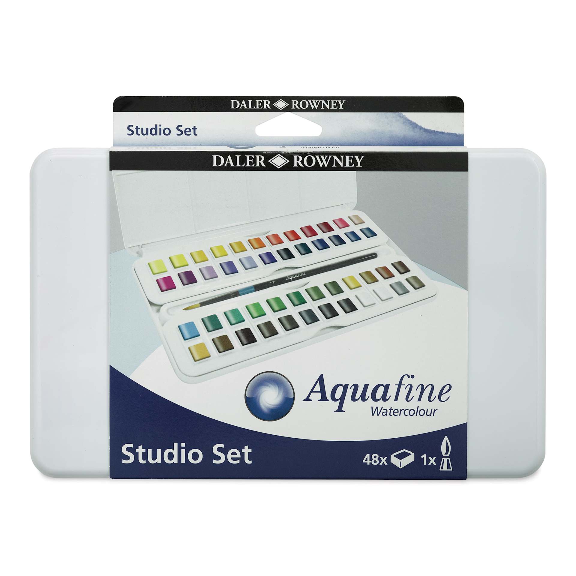 Daler-Rowney Aquafine Watercolors - Set of 48 Studio, Assorted Colors, Half Pan Front of package