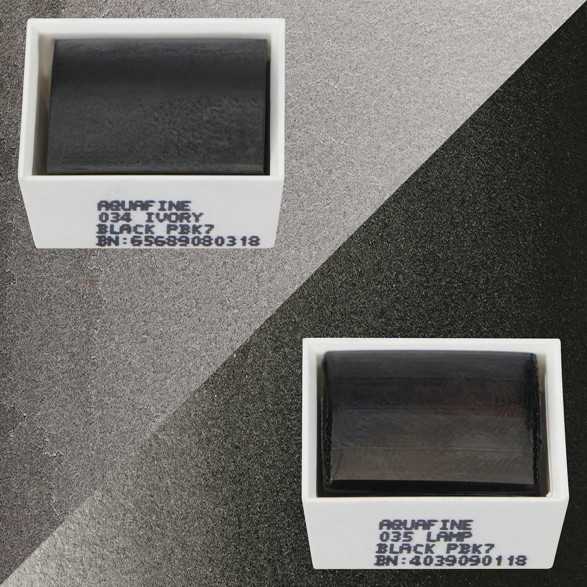 Daler-Rowney Aquafine Watercolors - Set of 2, Ivory Black and Lamp Black, Half Pans and swatches