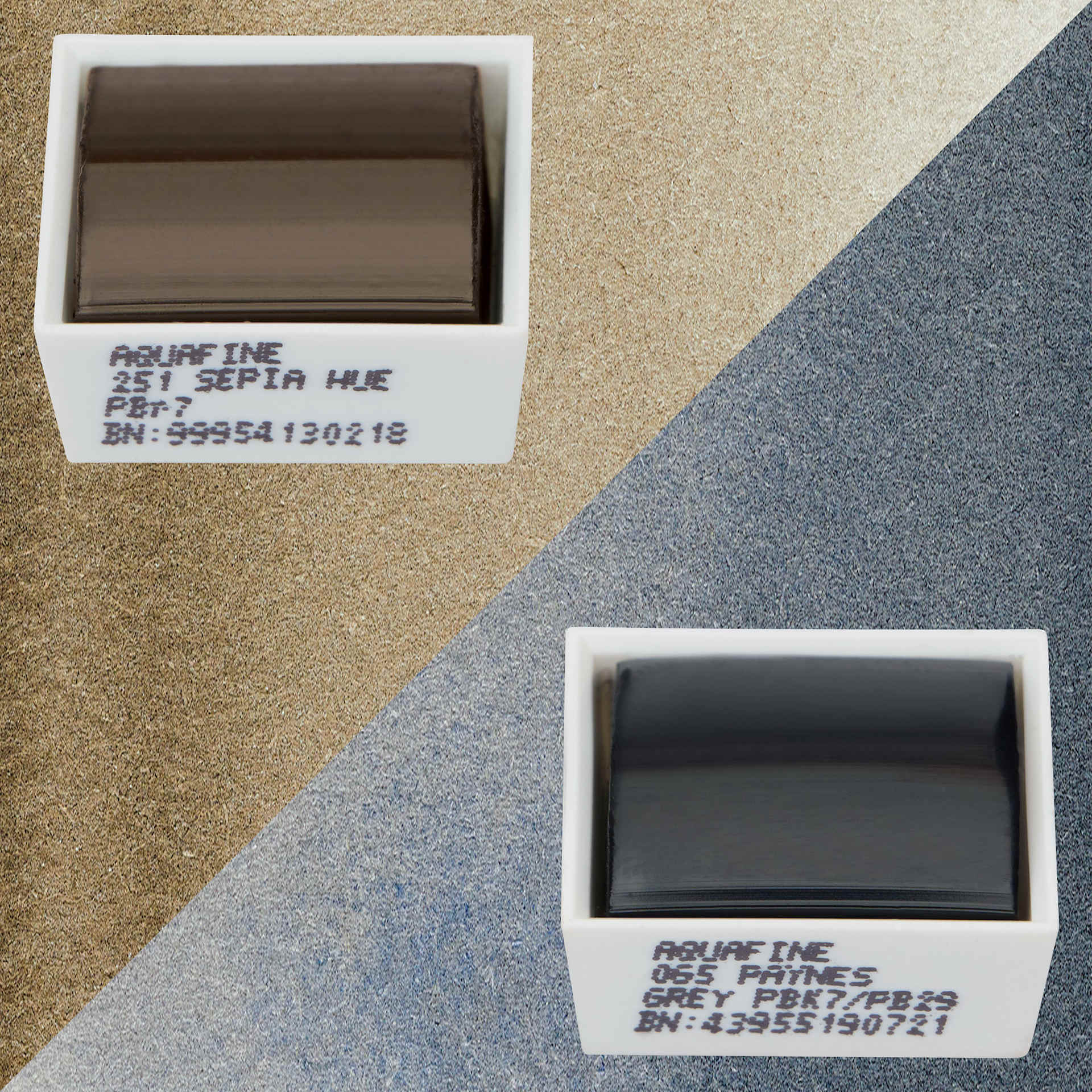 Daler-Rowney Aquafine Watercolors - Set of 2, Sepia Hue and Payne's Grey, Half Pans and swatches