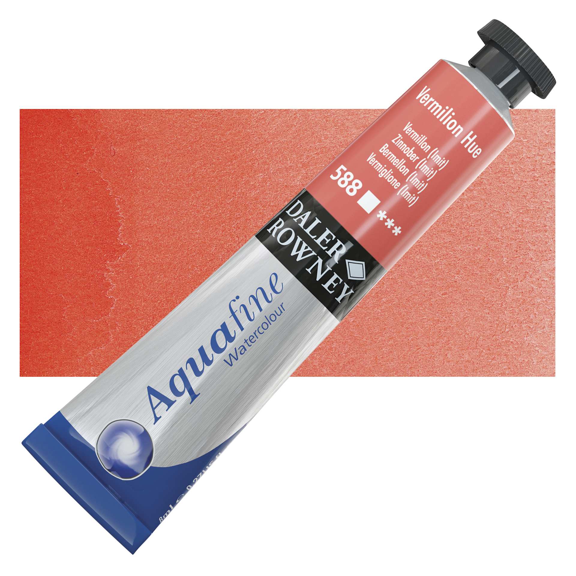 Daler-Rowney Aquafine Watercolor - Vermilion Hue, 8 ml, Tube and swatch
