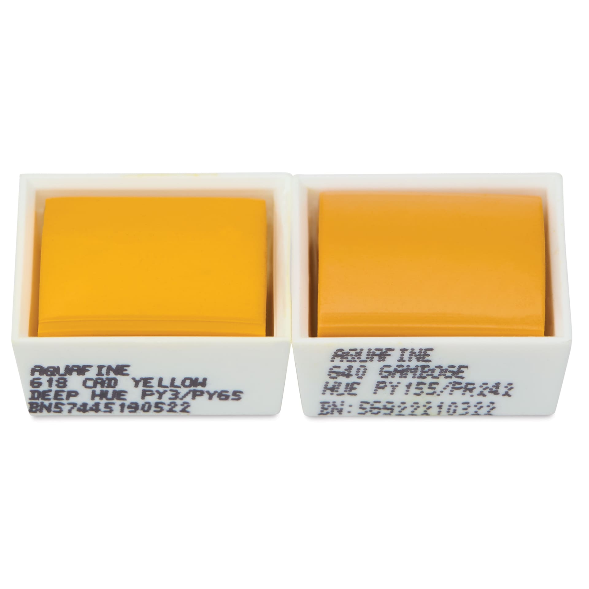 Daler-Rowney Aquafine Watercolors - Set of 2, Cadmium Yellow Deep Hue and Gamboge Hue, Half Pan out of package