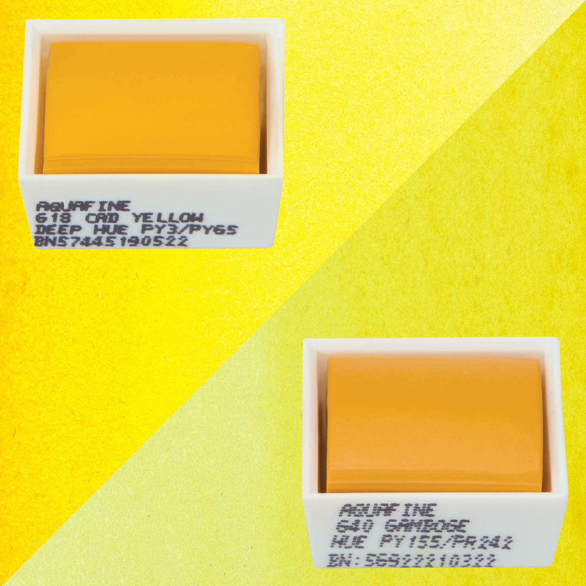 Daler-Rowney Aquafine Watercolors - Set of 2, Cadmium Yellow Deep Hue and Gamboge Hue, Half Pans with swatches