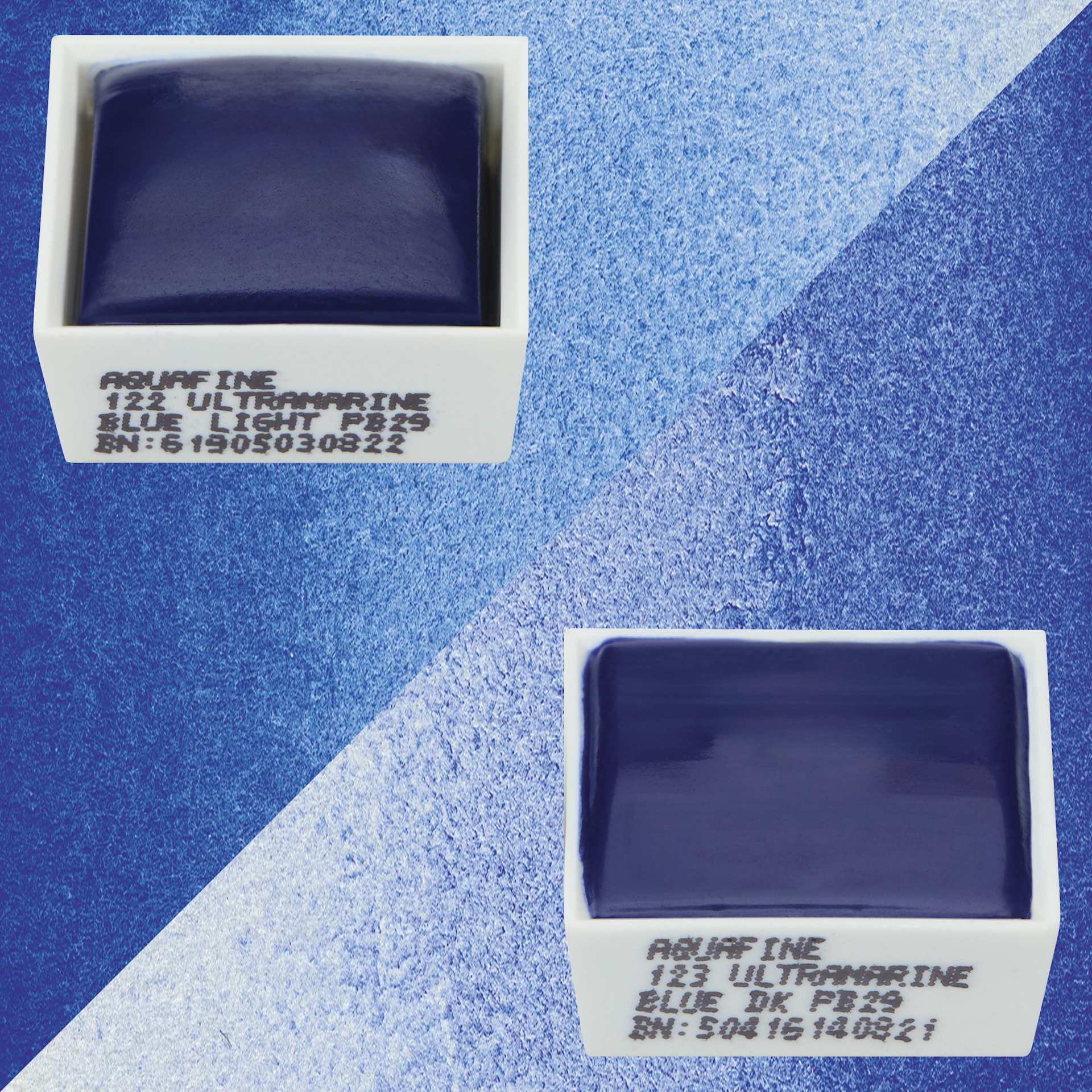 Daler-Rowney Aquafine Watercolors - Set of 2, Ultramarine Blue Light and Ultramarine Blue Dark, Half Pans and swatches