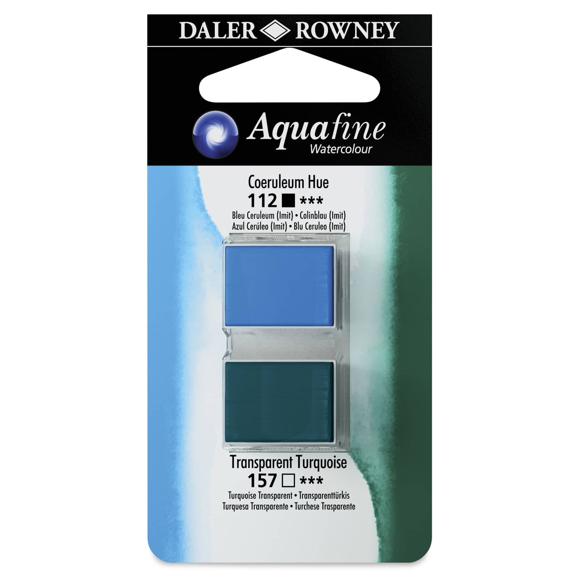 Daler-Rowney Aquafine Watercolors - Set of 2, Coeruleum Hue and Transparent Turquoise, Half Pan