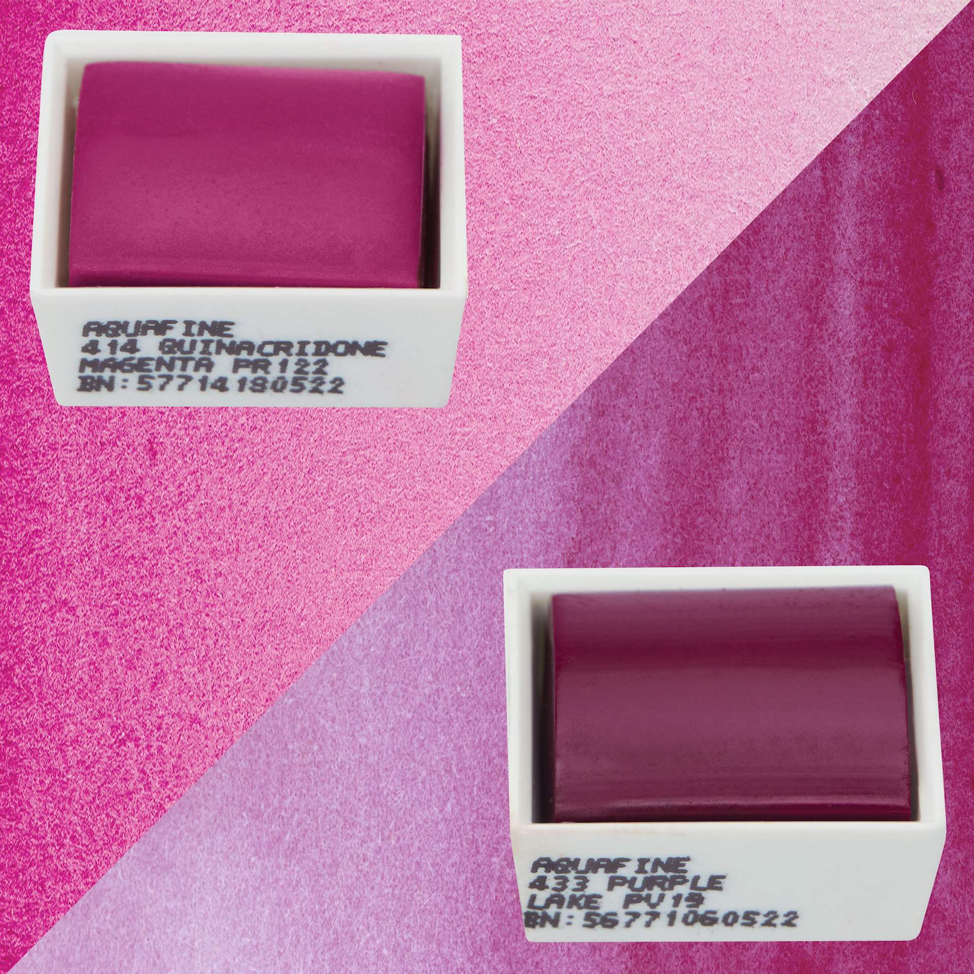 Daler-Rowney Aquafine Watercolors - Set of 2, Quinacridone Magenta and Purple Lake, Half Pans and swatches