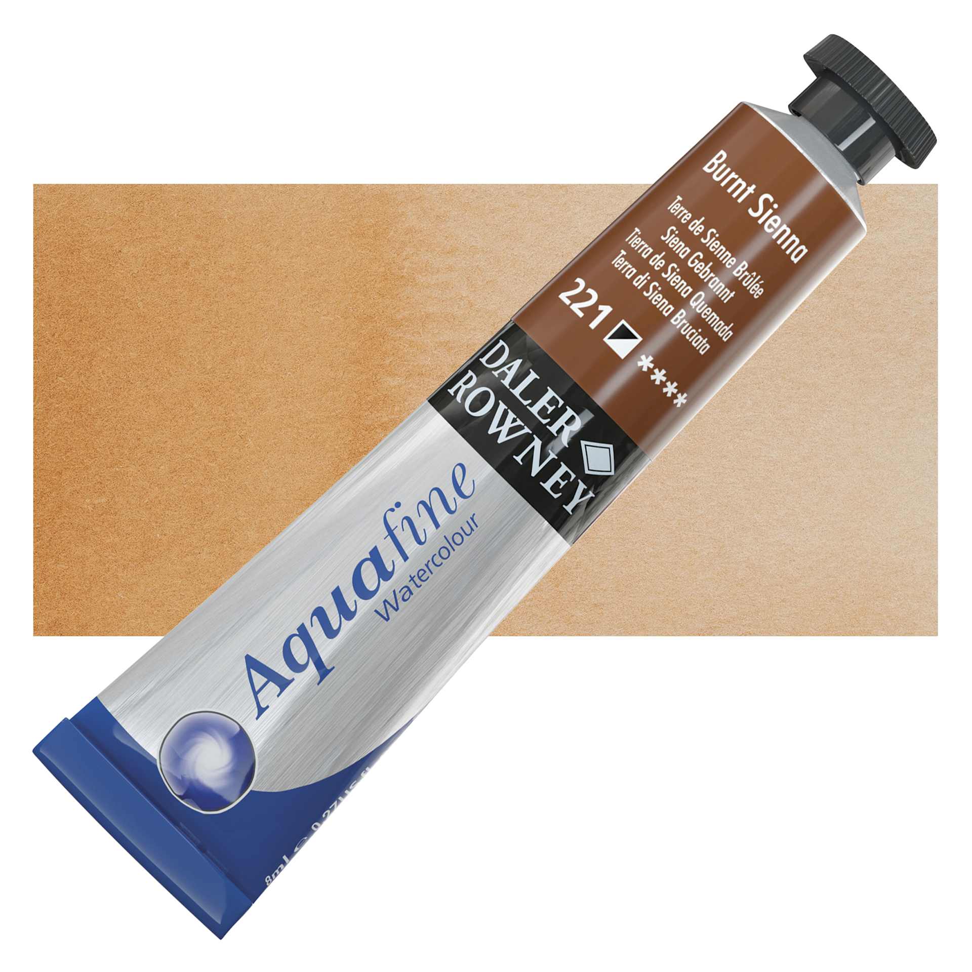 Daler-Rowney Aquafine Watercolor - Burnt Sienna, 8 ml, Tube and swatch