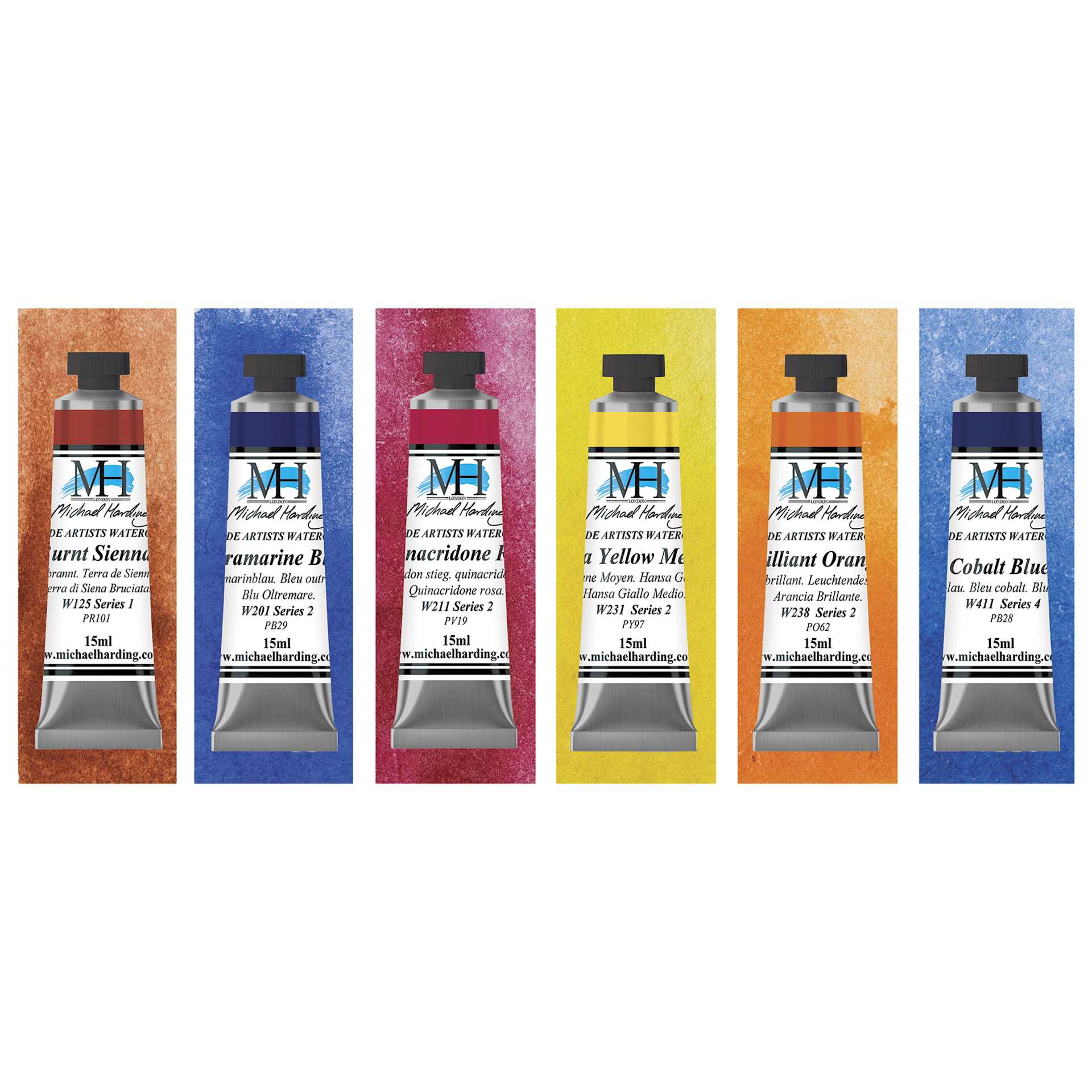 Michael Harding Artists Watercolors - Set of 6, Brienne Brown Essentials, 15 ml tubes with swatch