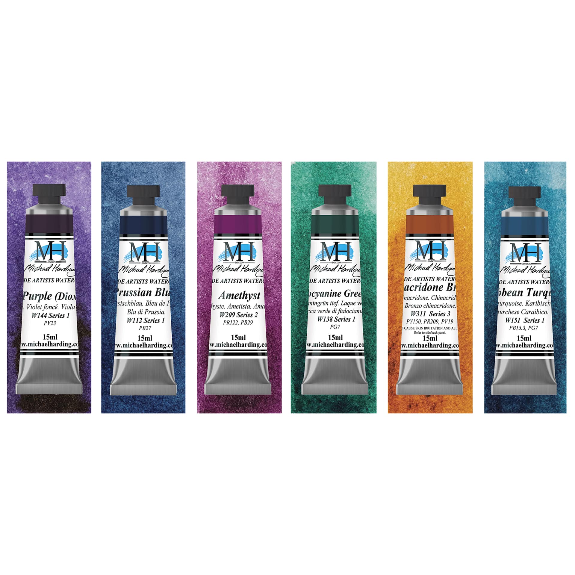 Michael Harding Artists Watercolors - Set of 6, Gem, 15 ml tubes with swatches