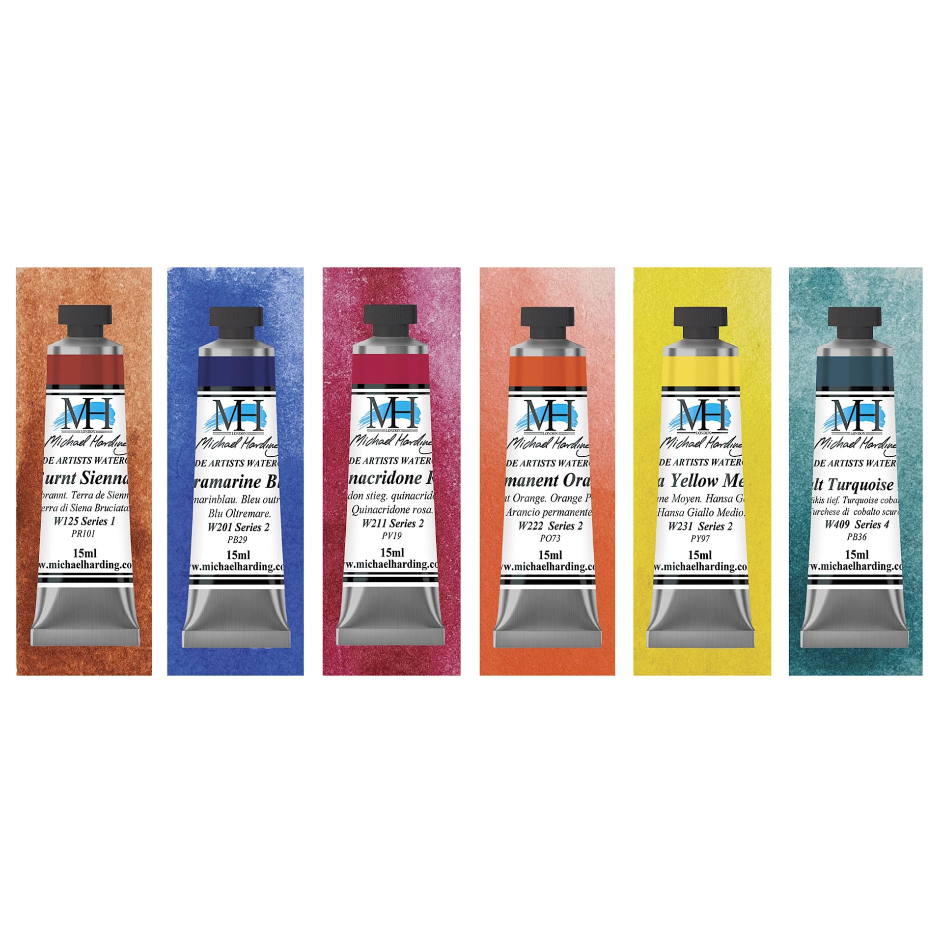 Michael Harding Artists Watercolors - Set of 6, On the Move, 15 ml tubes and swatches