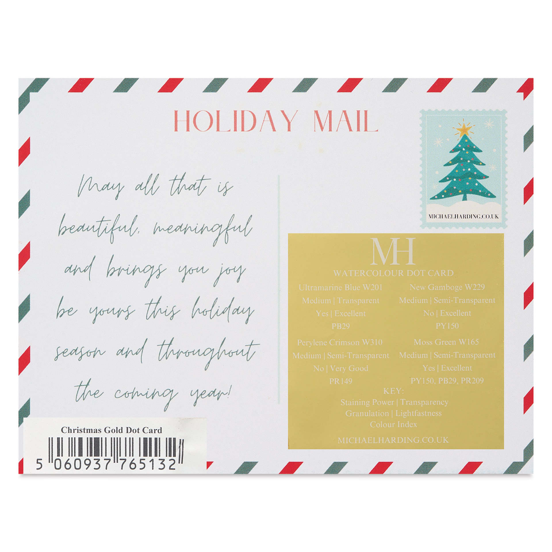 Back of Michael Harding Artists Watercolor - Dot Card, 4 Colors, Christmas with Gold Foil