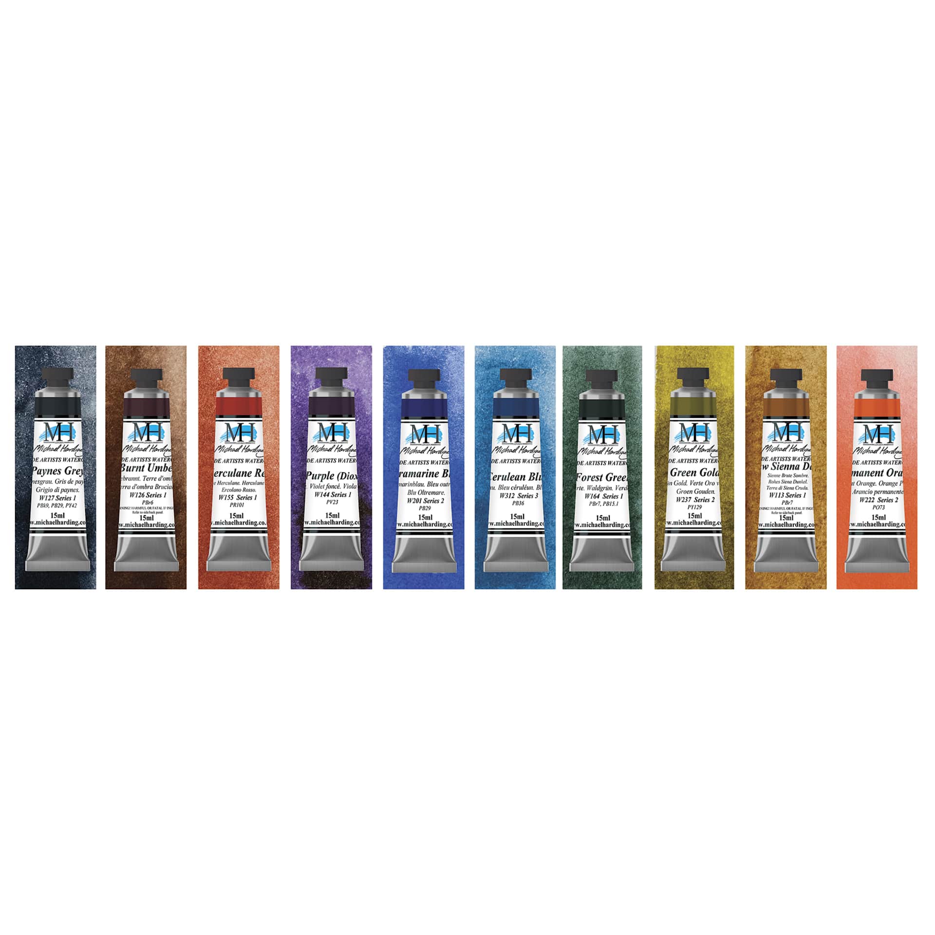Michael Harding Artists Watercolors - Set of 10, Wild Nature, 15 ml tubes with swatches