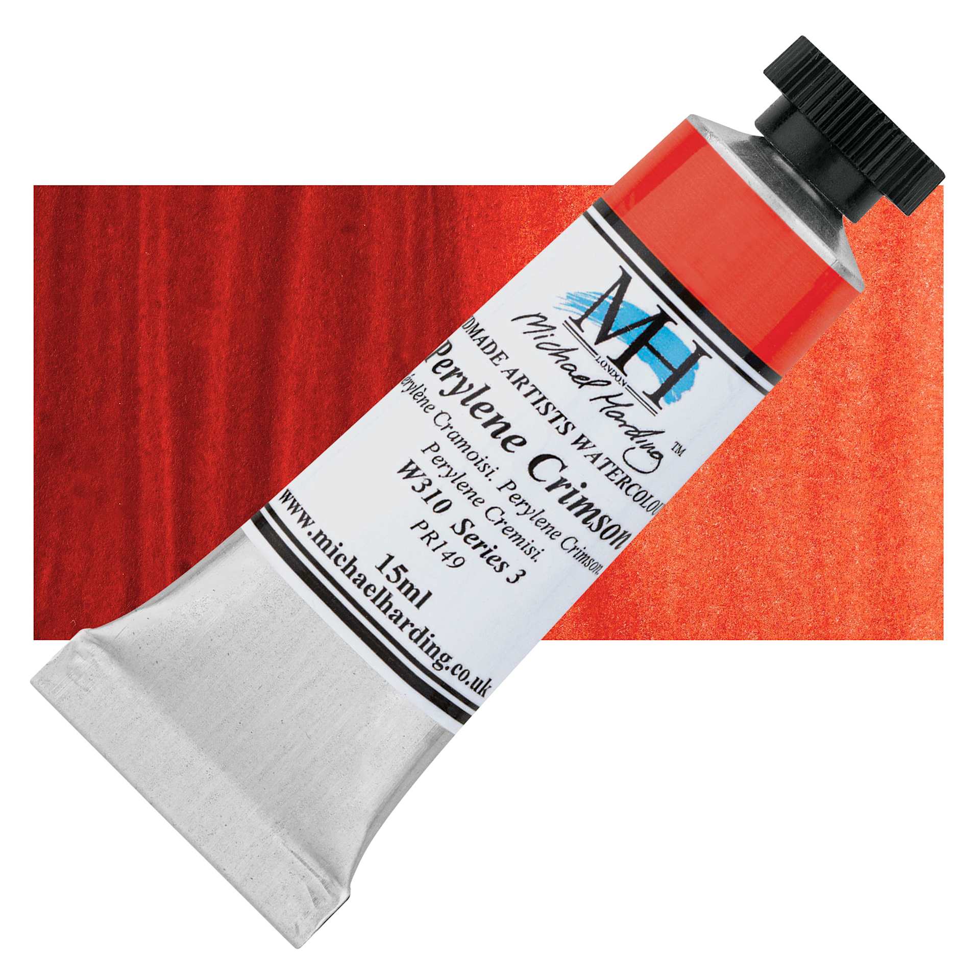 Michael Harding Artists Watercolor - Perylene Crimson, 15 ml tube and swatch