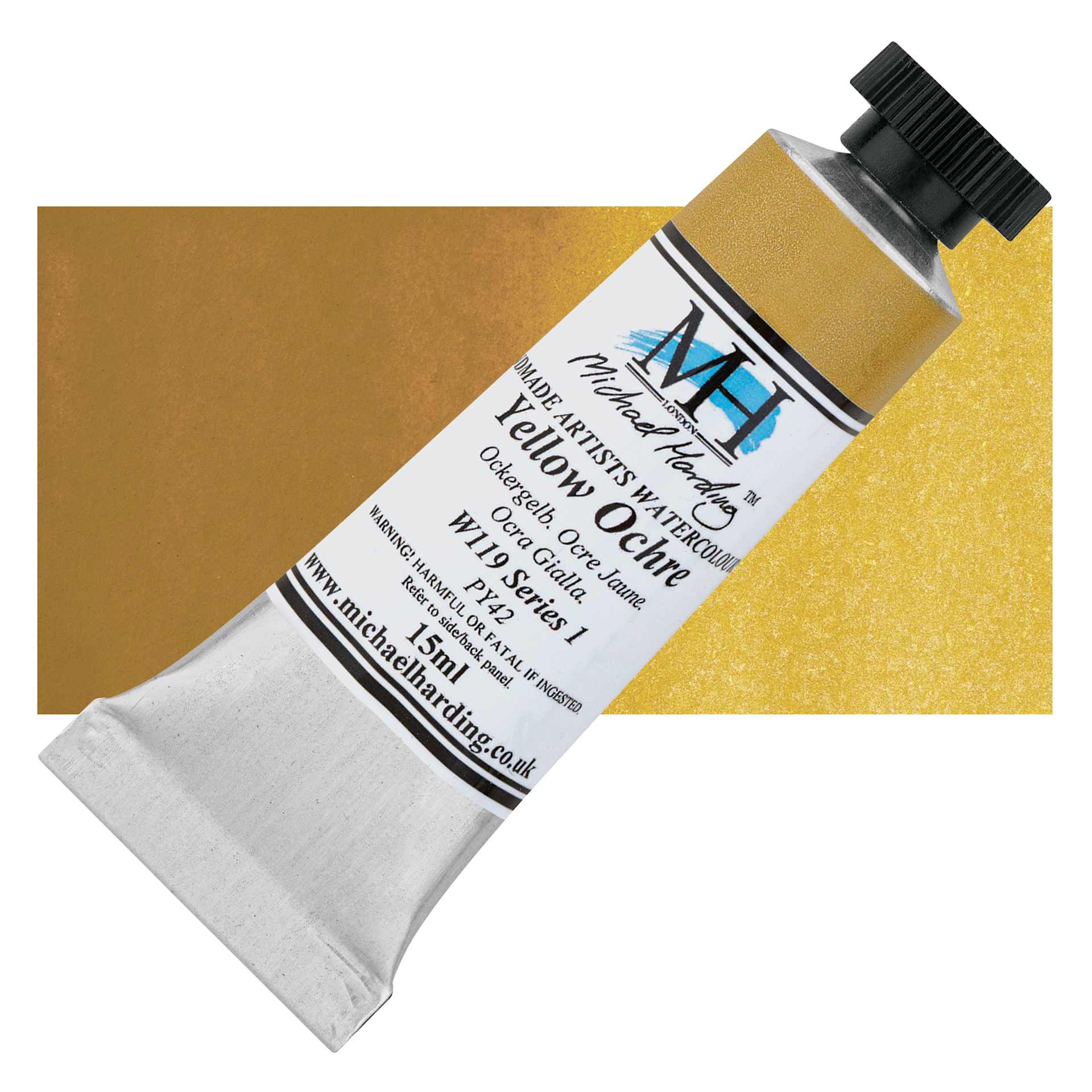 Michael Harding Artists Watercolor - Yellow Ochre, 15 ml tube and swatch