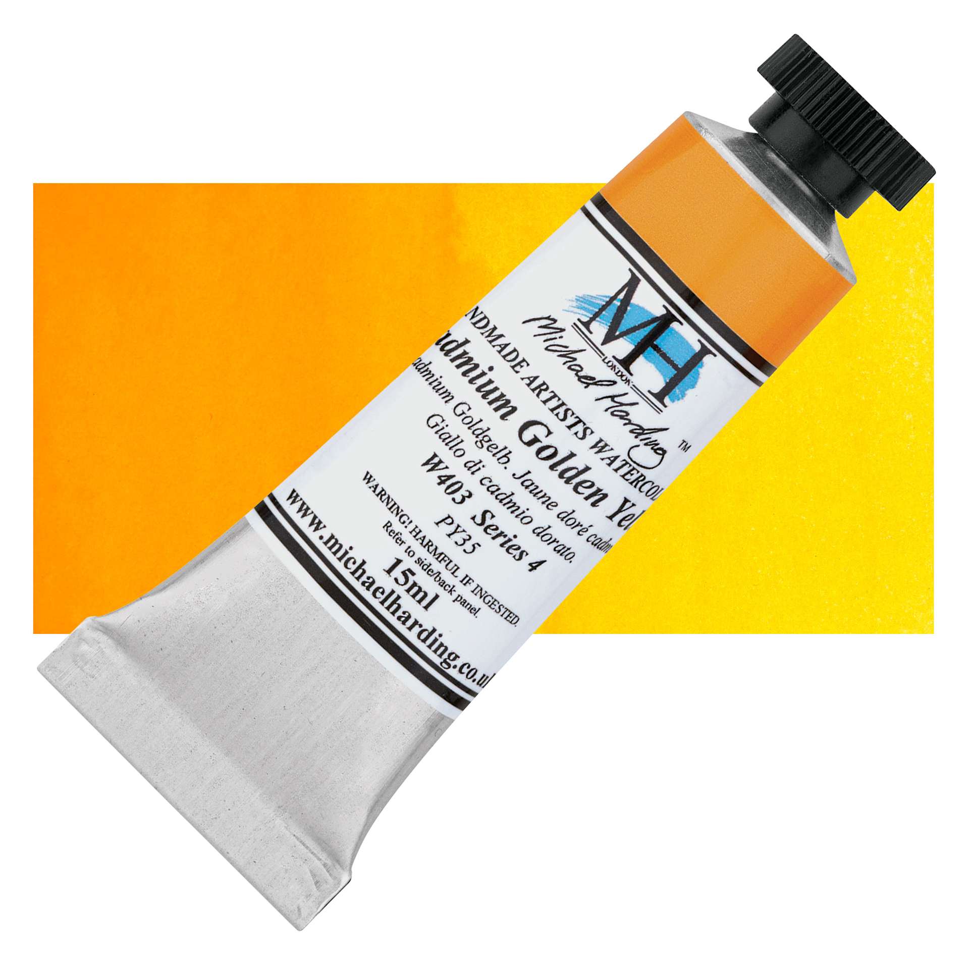 Michael Harding Artists Watercolor - Cadmium Golden Yellow, 15 ml tube and swatch