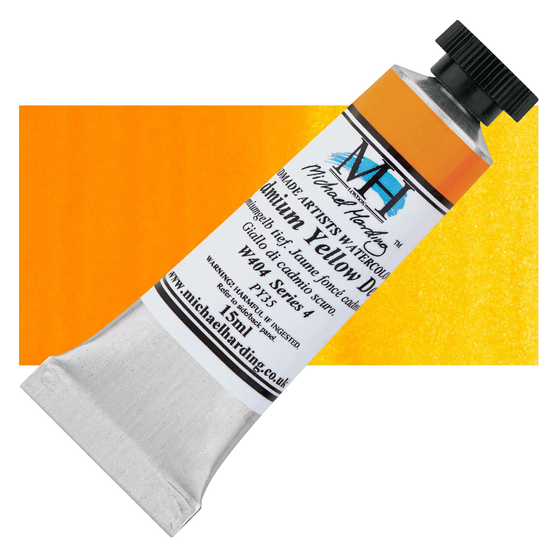Michael Harding Artists Watercolor - Cadmium Yellow Deep, 15 ml tube and swatch