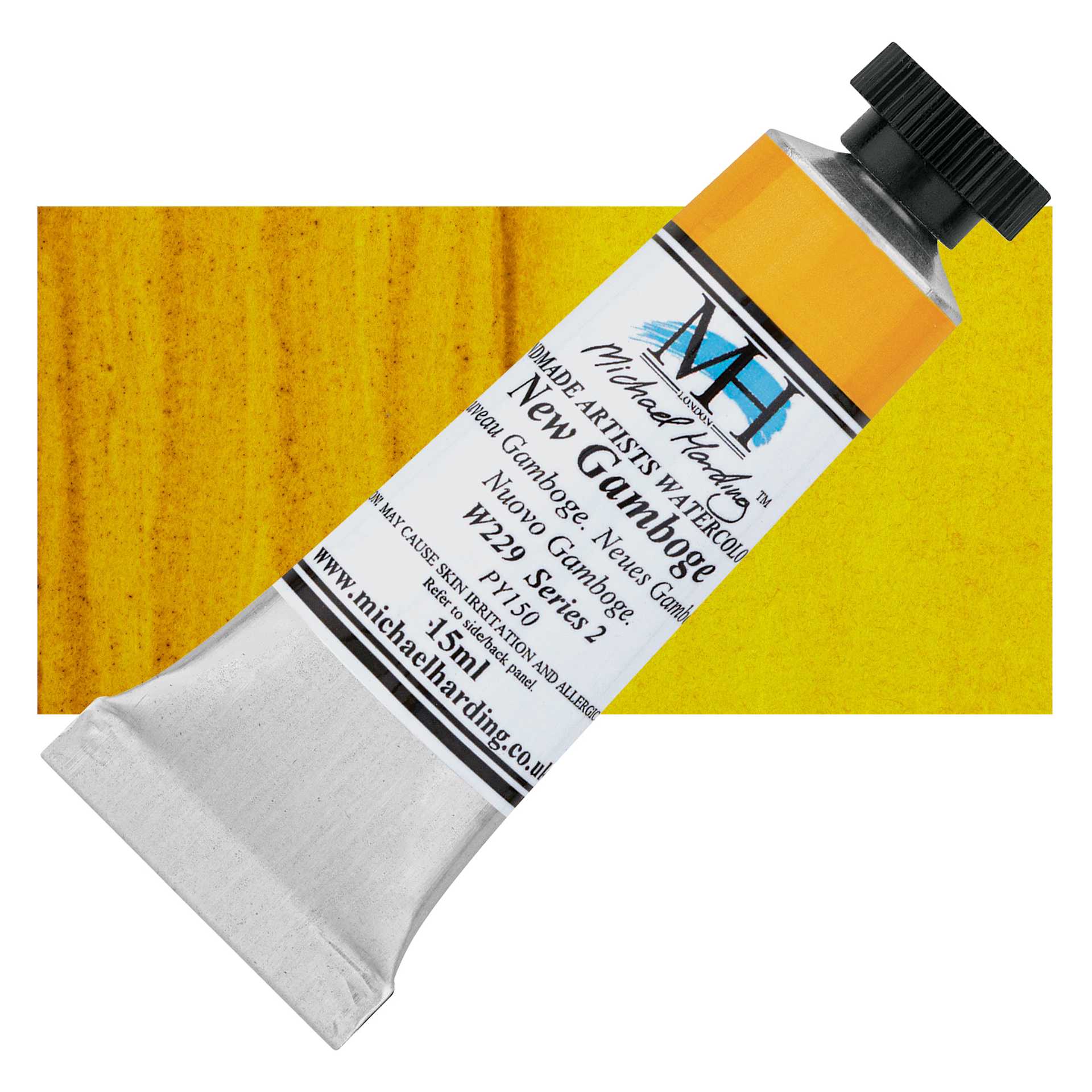 Michael Harding Artists Watercolor - New Gamboge, 15 ml tube and swatch Michael Harding Artists Watercolor - New Gamboge, 15 ml tube and swatch