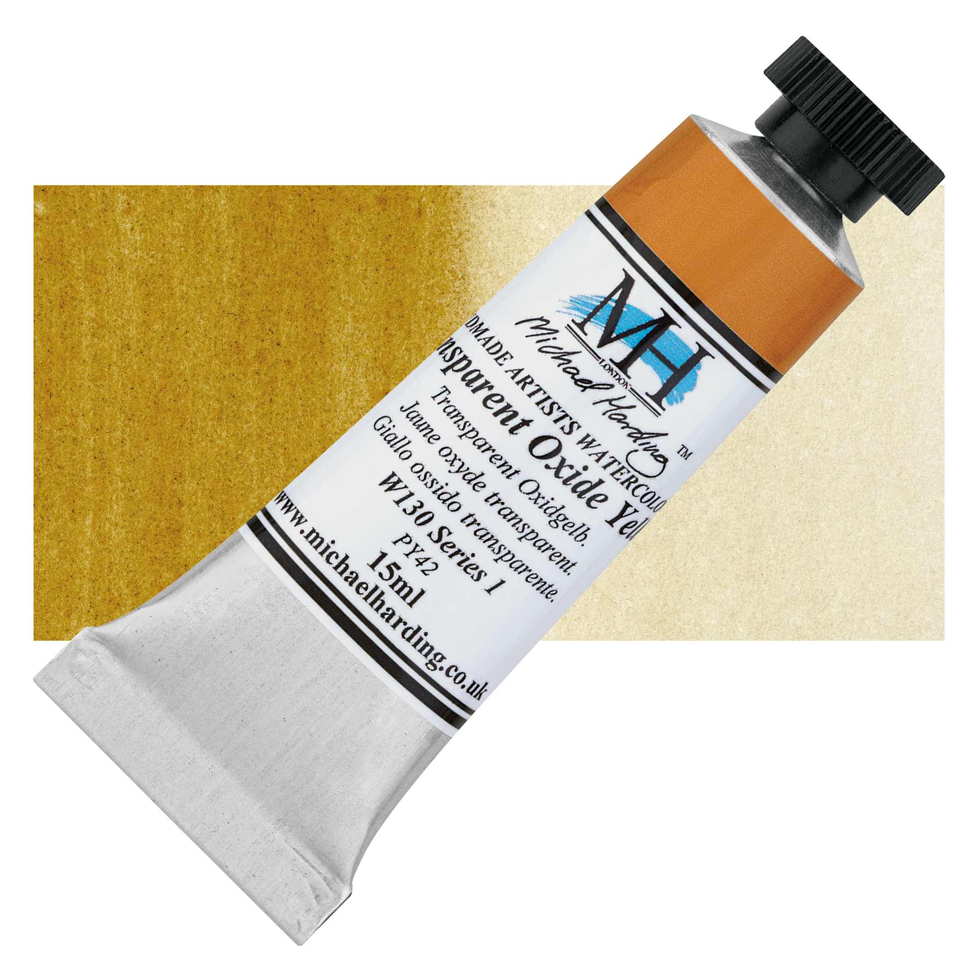 Michael Harding Artists Watercolor - Transparent Oxide Yellow, 15 ml tube and swatch