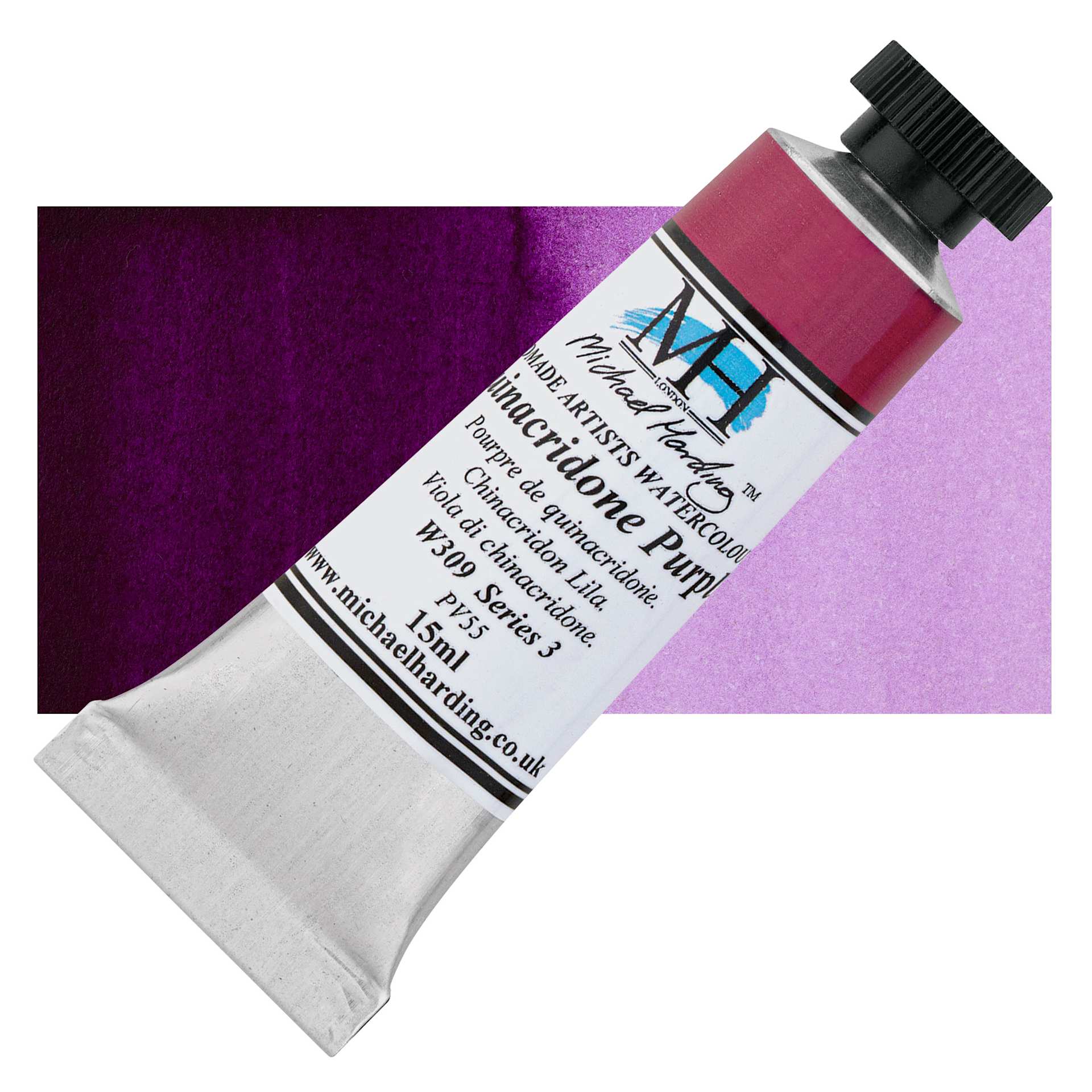 Michael Harding Artists Watercolor - Quinacridone Purple, 15 ml tube and swatch