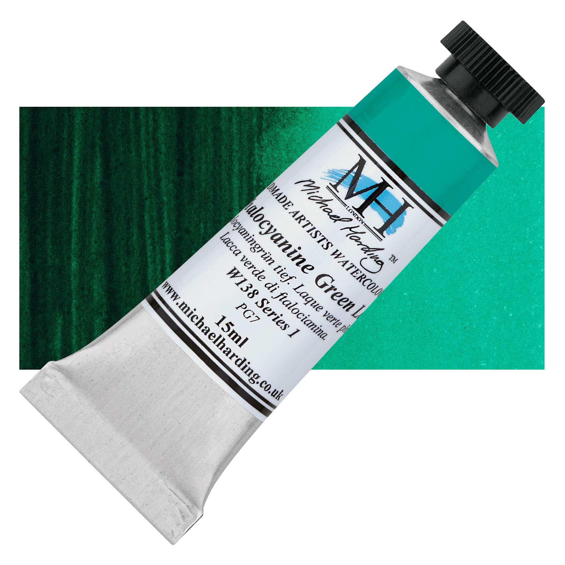 Michael Harding Artists Watercolor - Phthalocyanine Green Lake, 15 ml tube and swatch