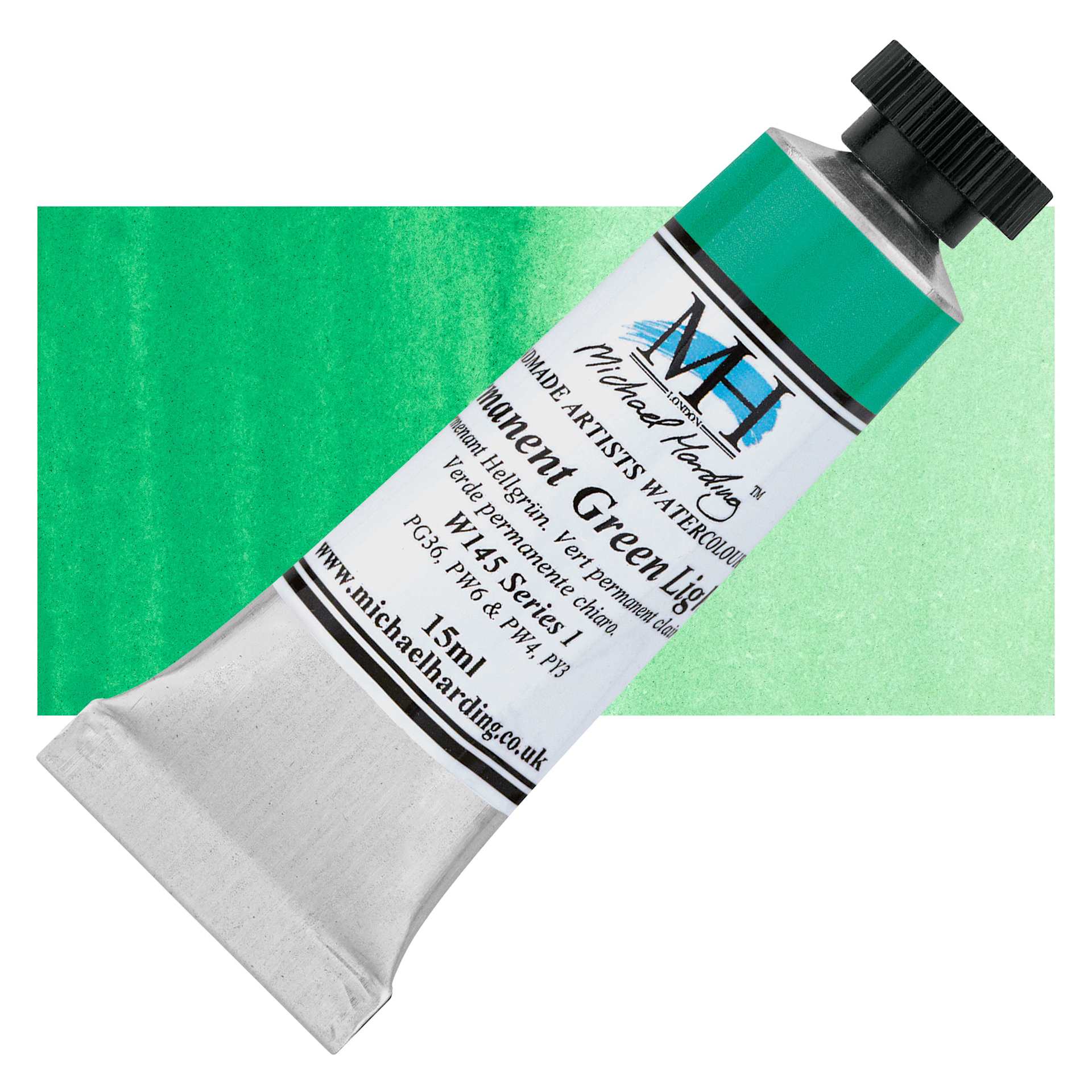 Michael Harding Artists Watercolor - Permanent Green Light, 15 ml tube and swatch