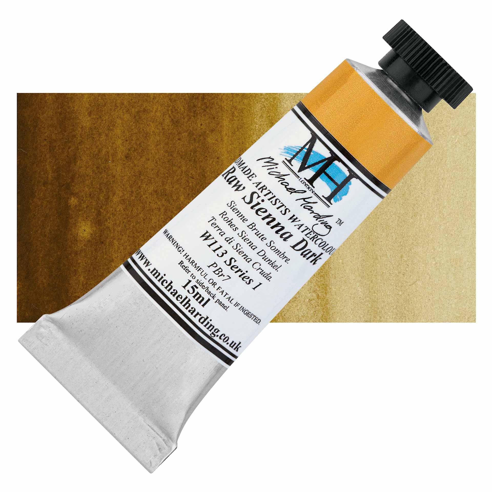 Michael Harding Artists Watercolor - Raw Sienna Dark, 15 ml tube and swatch