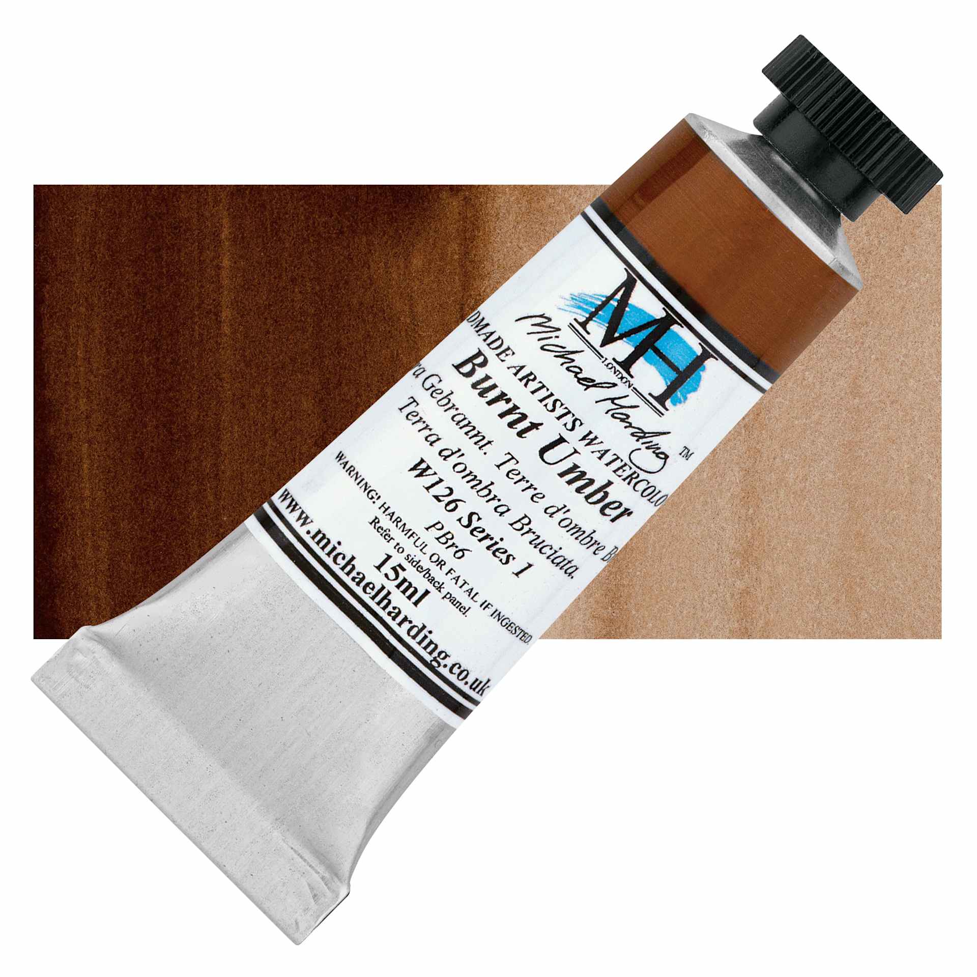 Michael Harding Artists Watercolor - Burnt Umber, 15 ml tube and swatch