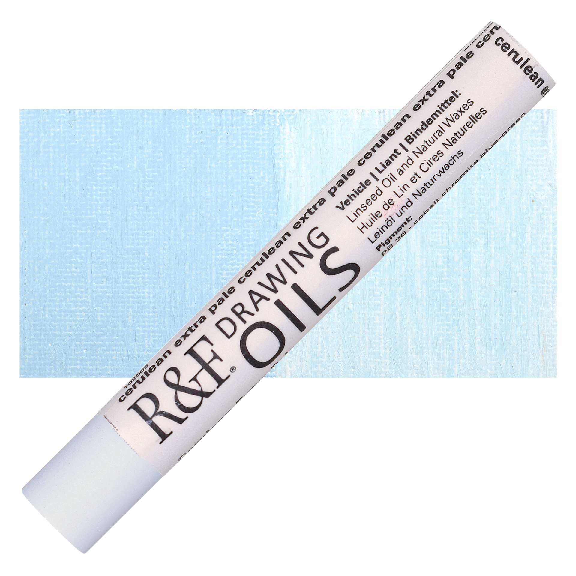 R&F Drawing Oil Stick - Cerulean Extra Pale, 12 ml stick and swatch