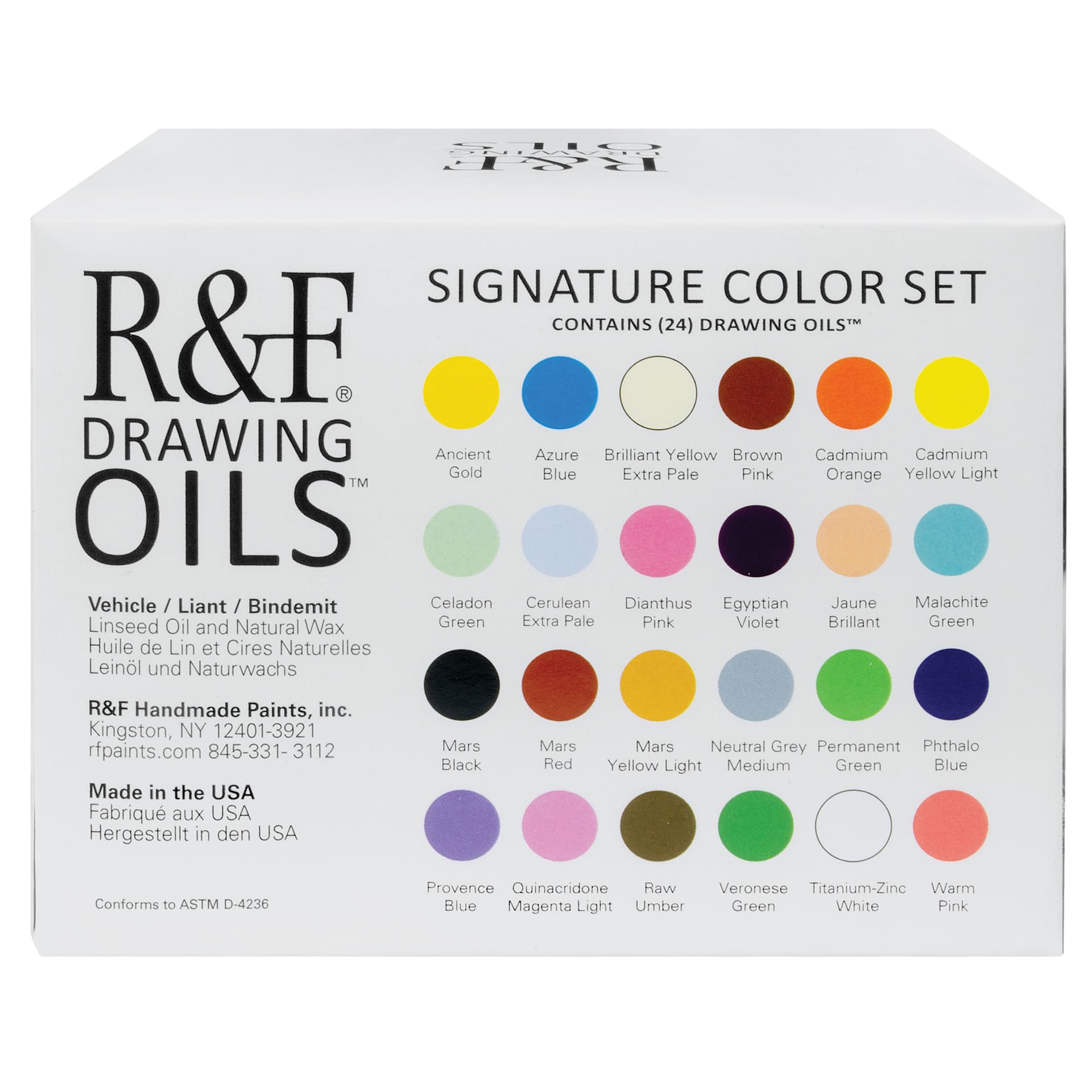 R&F Drawing Oil Sticks - Set of 24, Signature Colors, 12 ml, back of packaging