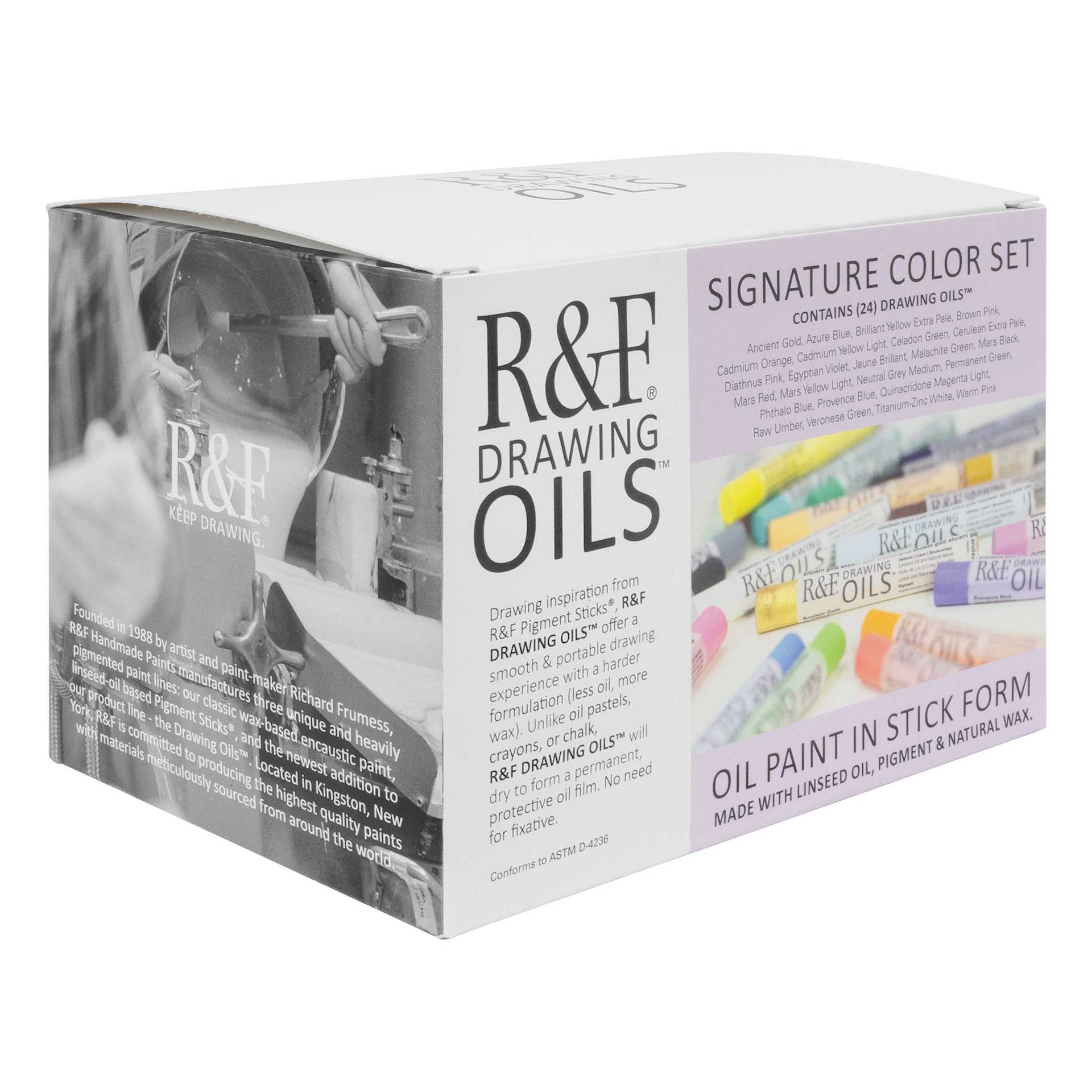 R&F Drawing Oil Sticks - Set of 24, Signature Colors, 12 ml, alternative angled view of packaging