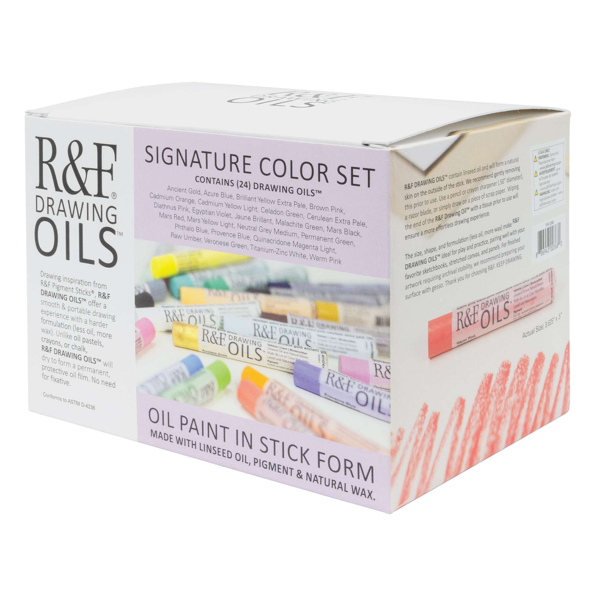 R&F Drawing Oil Sticks - Set of 24, Signature Colors, 12 ml, angled view of packaging