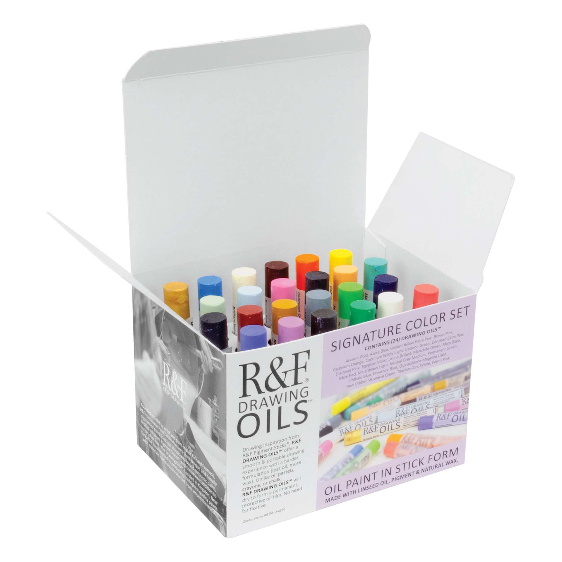 R&F Drawing Oil Sticks - Set of 24, Signature Colors, 12 ml, open packaging, angled view