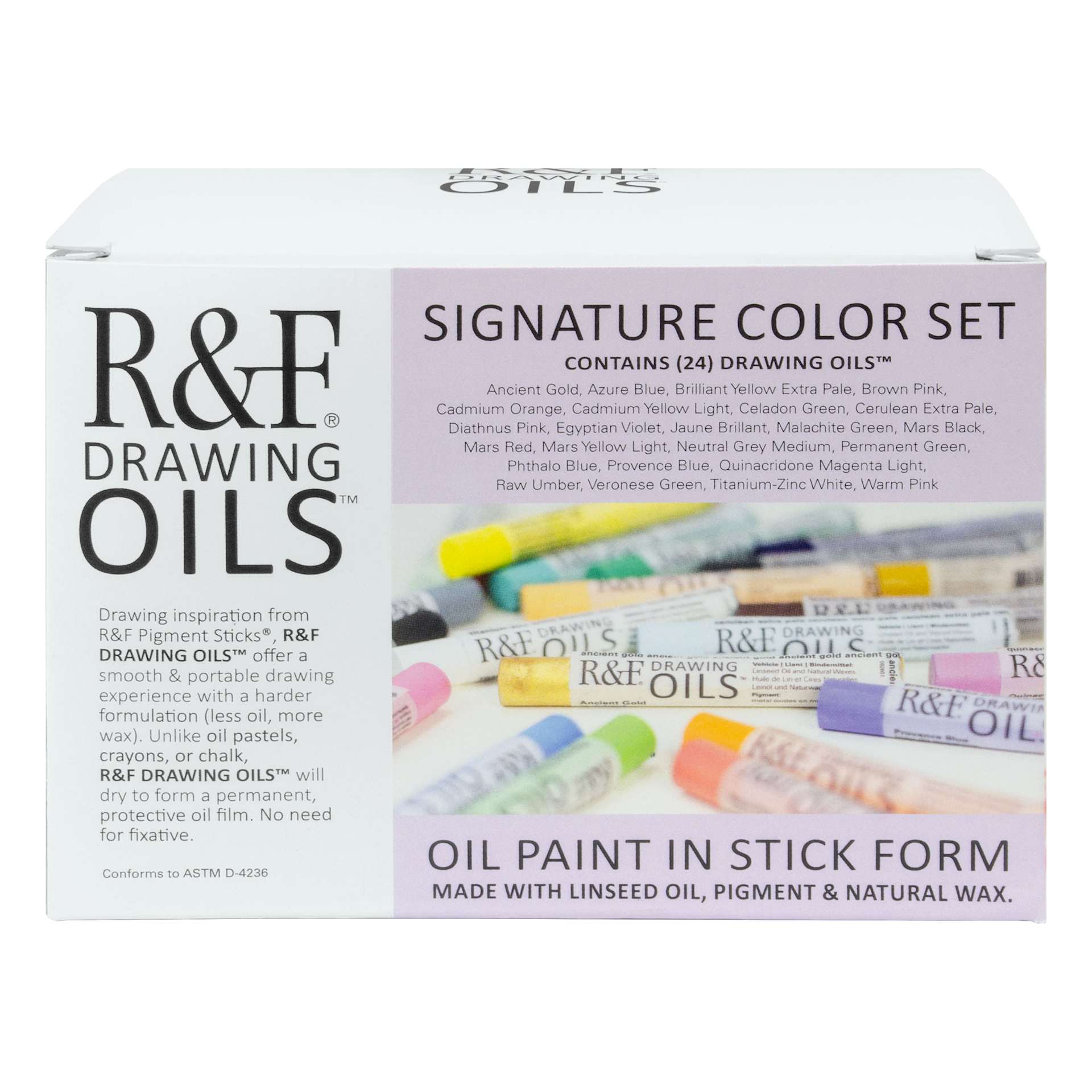 R&F Drawing Oil Sticks - Set of 24, Signature Colors, 12 ml, front of packaging