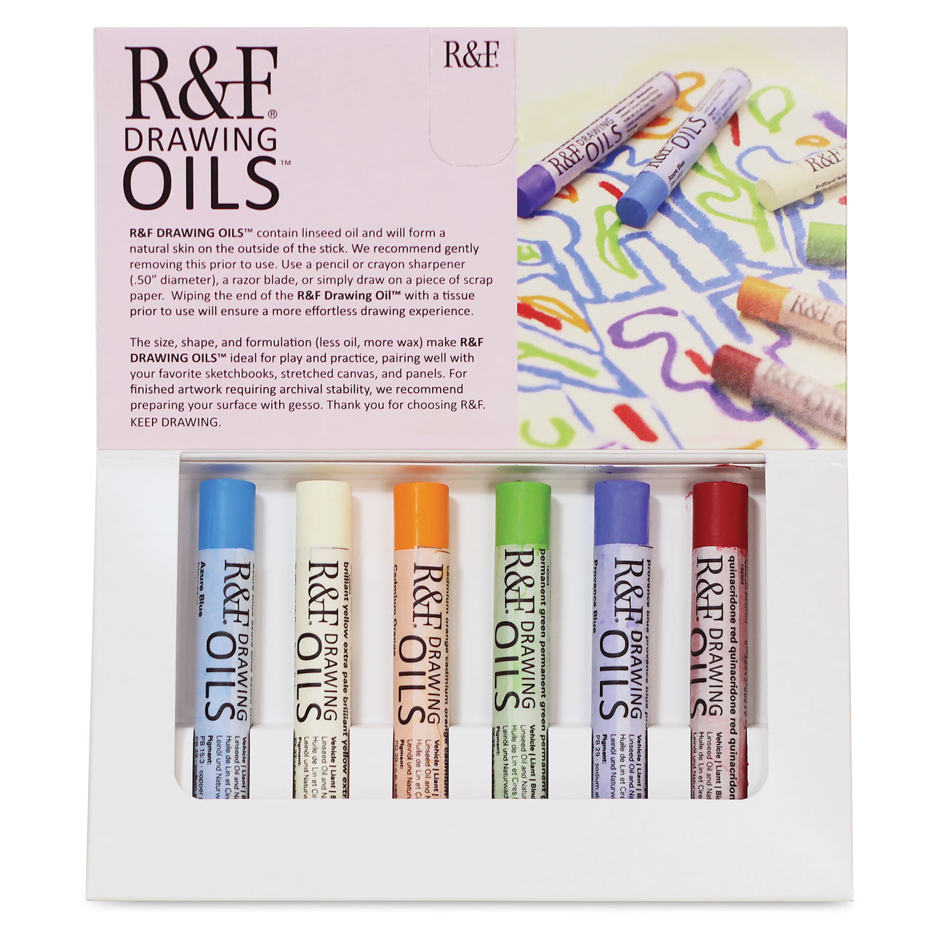 R&F Drawing Oil Sticks - Set of 6, Modern Colors, 12 ml open to show contents