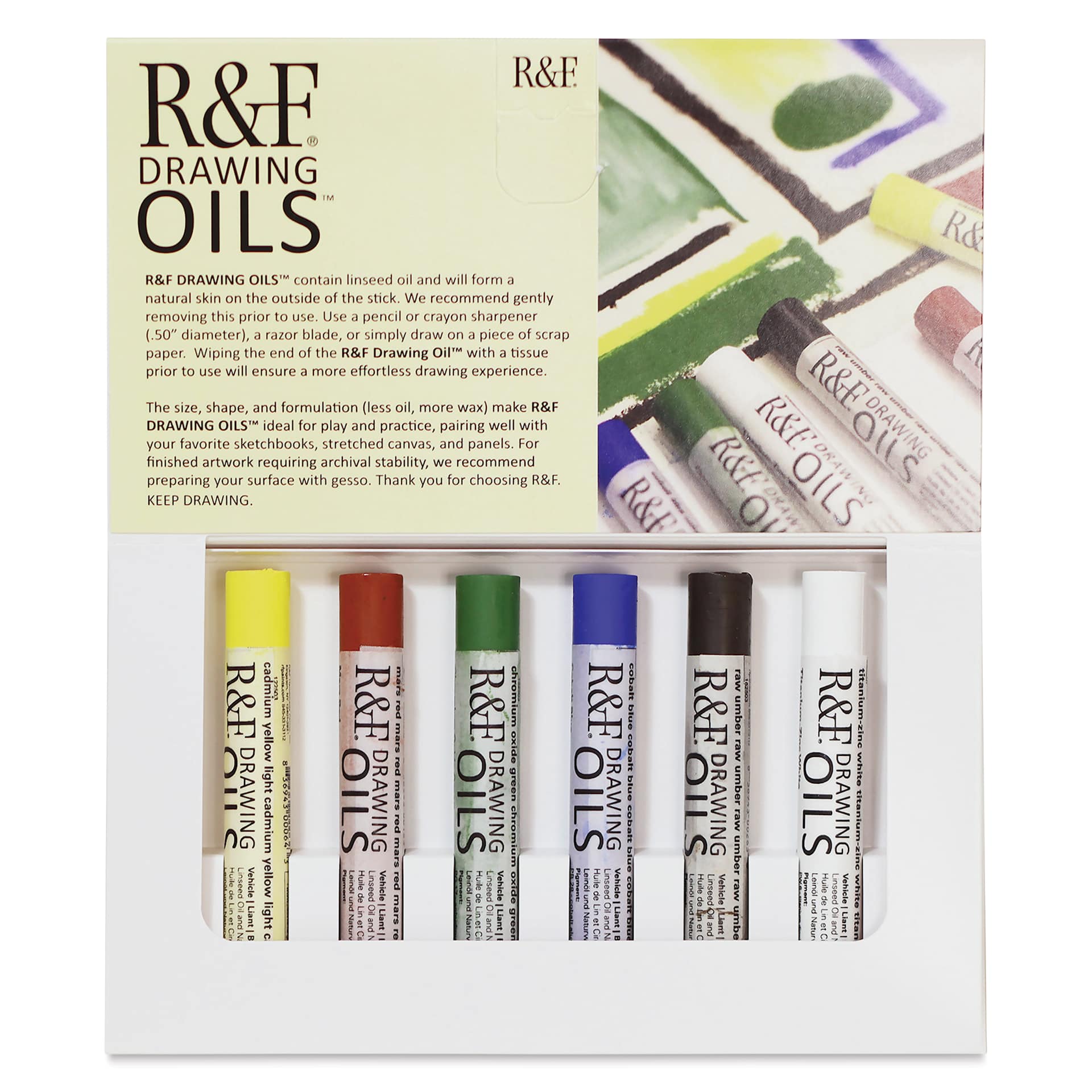 R&F Drawing Oil Sticks - Set of 6, Introduction Colors, 12 ml open to show contents