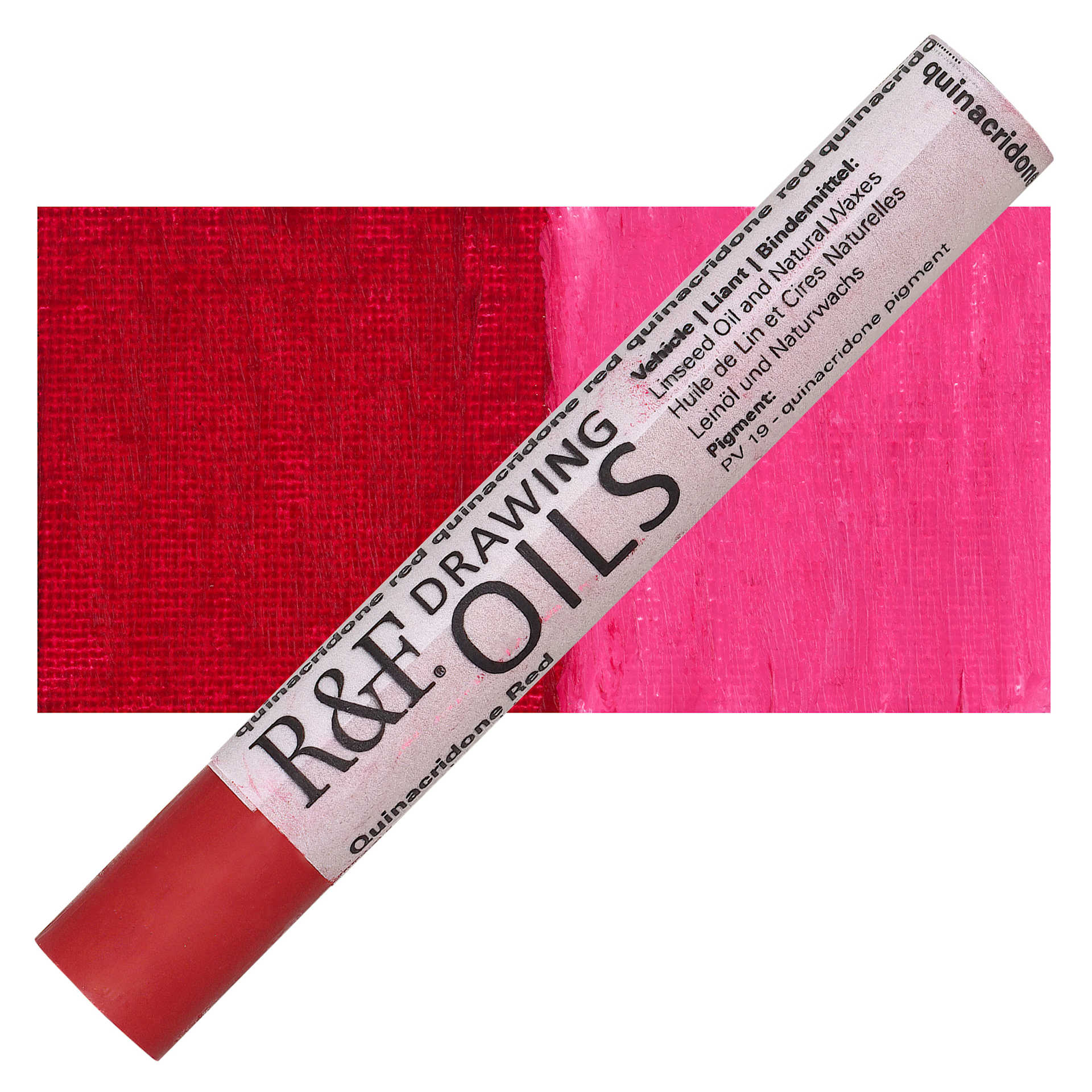R&F Drawing Oil Stick - Quinacridone Red, 12 ml stick and swatch